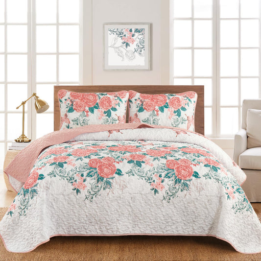 Yiran Pink Floral Quilt Set Queen Size Summer Botanical Bedspreads Bedding Set 3 Pieces Lightweight Rose Flowers Printed Coverlet with 2 Pillow Shams for All Season 96x90 Inch