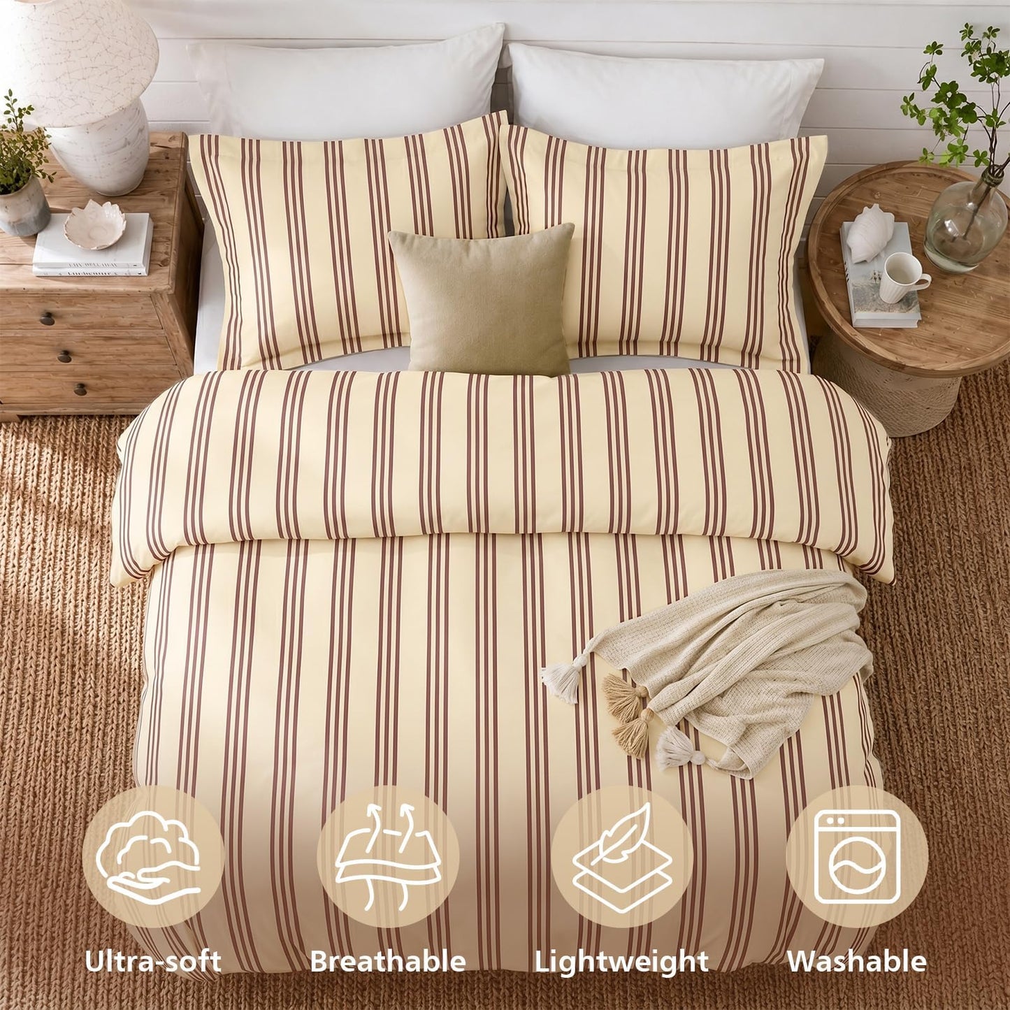 JOLLYVOGUE Striped Duvet Cover Queen, Yellow Duvet Cover with Red Stripes