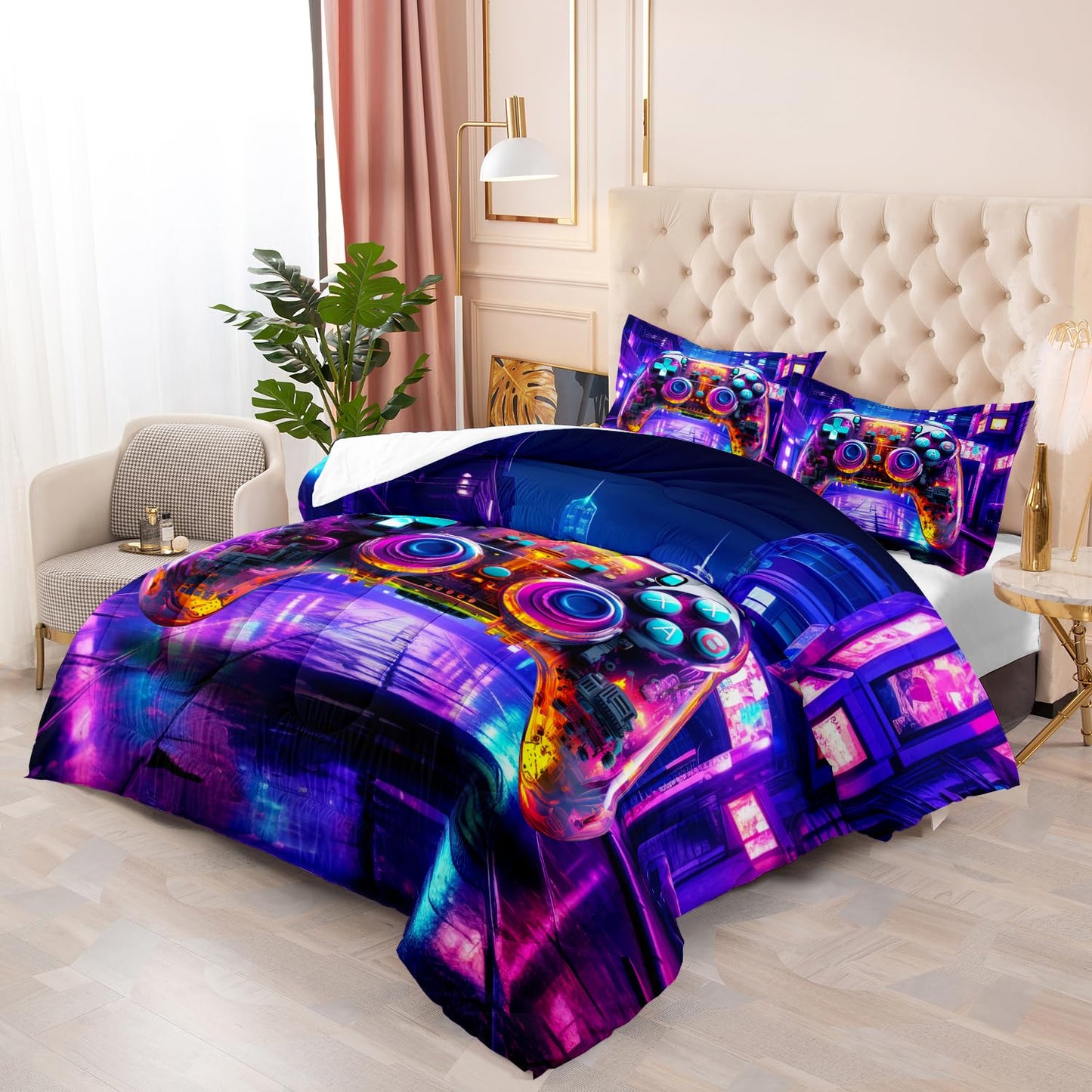 Nttopship Gamer Neon Comforter Set Queen Size, Violet Gaming 3 Bedding Set for Boys Girls Teens, Games Gamepad Lightweight Down Alternative with 2 Pillowcases for Bedroom Decorative