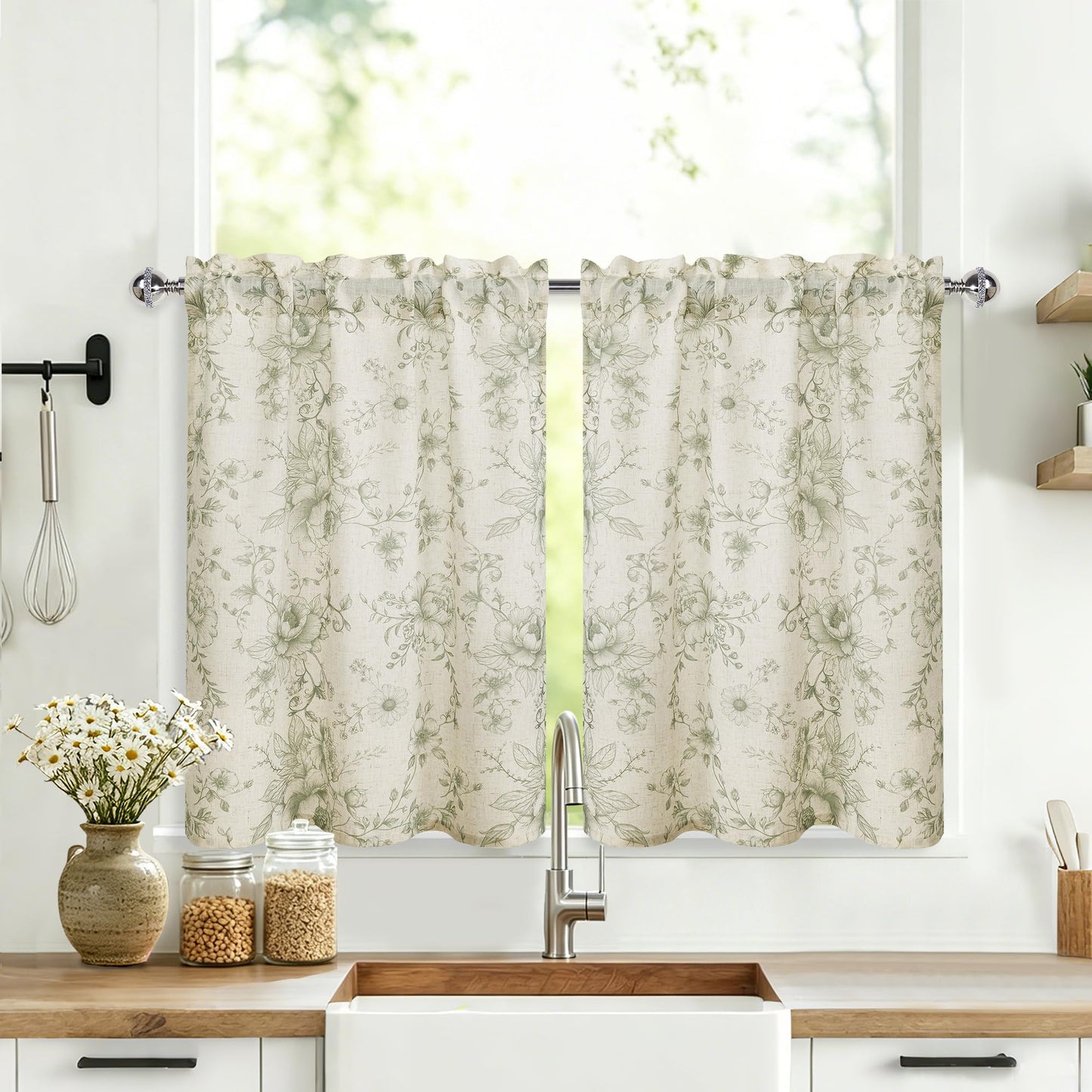 JIUZHEN Farmhouse Floral Linen Kitchen Curtains 24 Inch Length, Rod Pocket Rustic Light Filtering Tier Curtains for Livingroom/Bathroom, Green Peony Fragmented Flowers, 2 Panels
