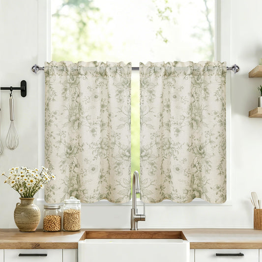 JIUZHEN Farmhouse Floral Linen Kitchen Curtains 24 Inch Length, Rod Pocket Rustic Light Filtering Tier Curtains for Livingroom/Bathroom, Green Peony Fragmented Flowers, 2 Panels