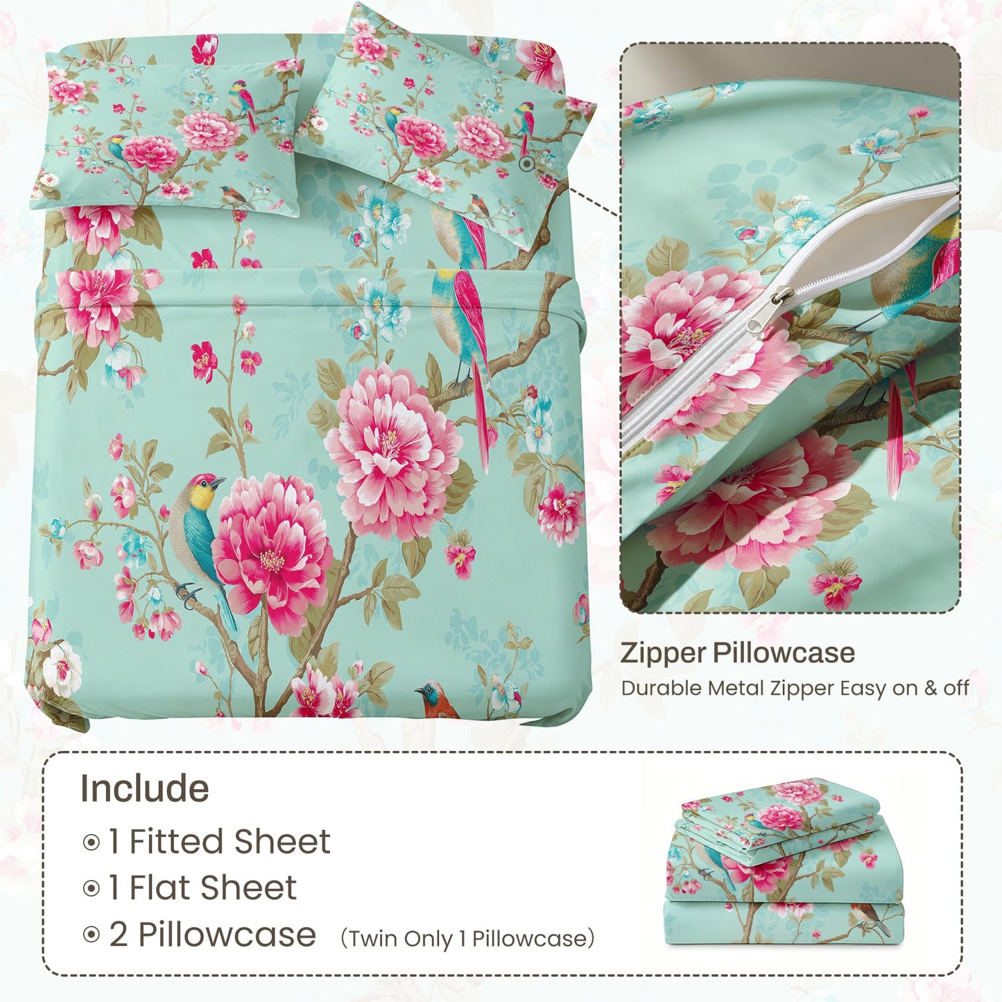 Bird and Peony Bedding Set 4 Pcs Chinoiserie Full Sheets