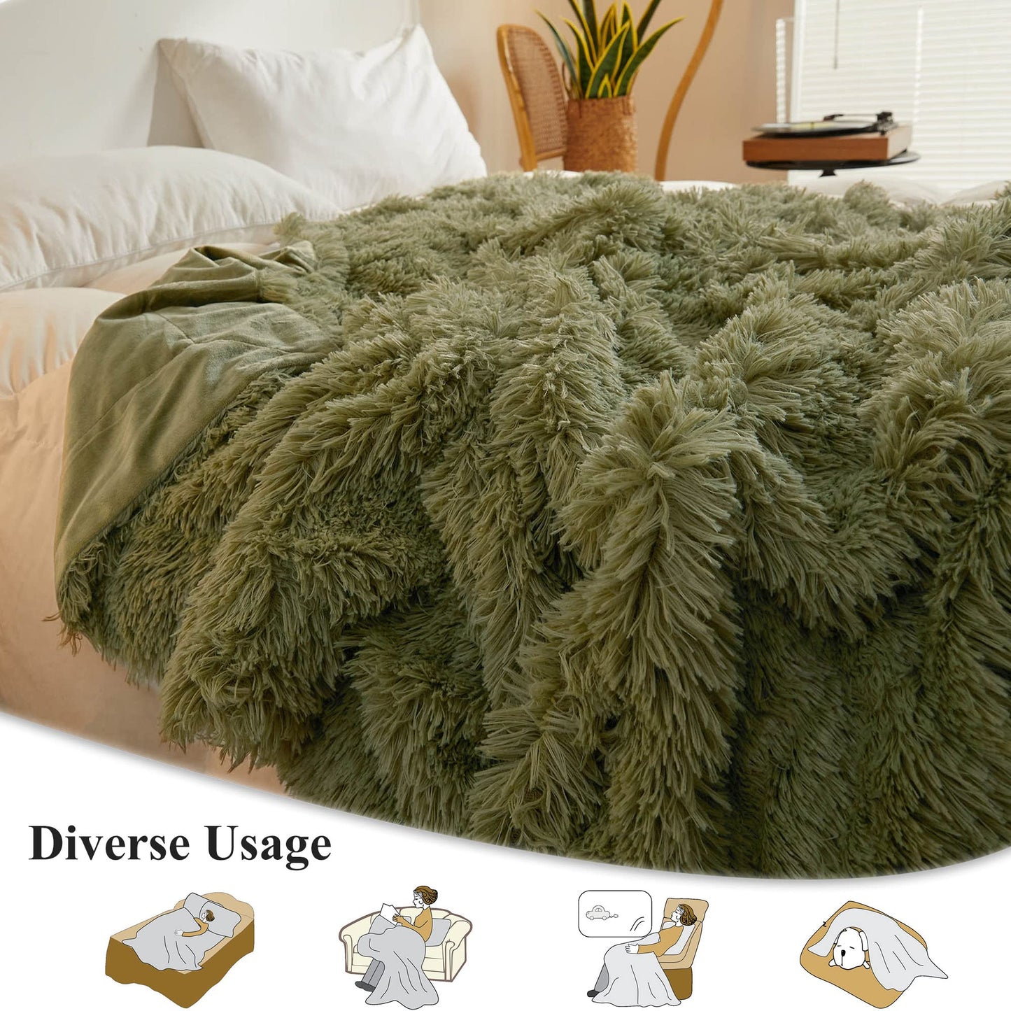 XeGe Luxury Faux Fur Throw, Moss Green Soft 50x60 Fluffy Blanket, Shaggy Plush Decorative Couch Throw, Cute Furry Throw Fuzzy Office Lap Blanket for Bedroom Living Room, Sage Green