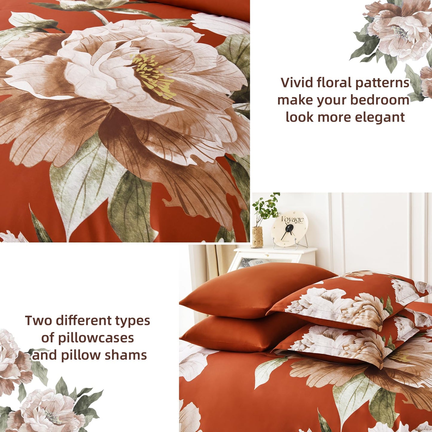 Dobuyly Burnt Orange Comforter Set Queen 7 Piece Bed in a Bag, Floral Printed on Terracotta Comforter Set with Sheets, Soft Microfiber Botanical Fall Bedding Set for All Season