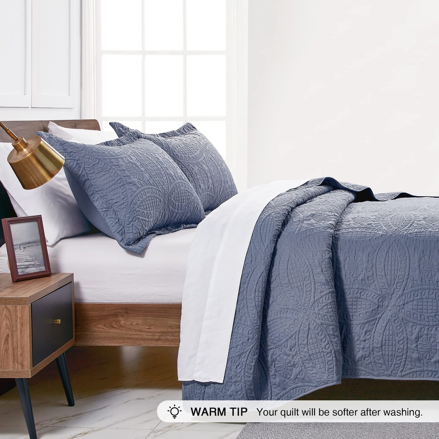 Love's cabin King Size Quilt Set Blue Bedspreads - Soft Bed Summer Lightweight Bedspread Comforter - Modern Style Coin Pattern Coverlet for All Season - 3 Pieces (1 Quilt, 2 Pillow Shams)