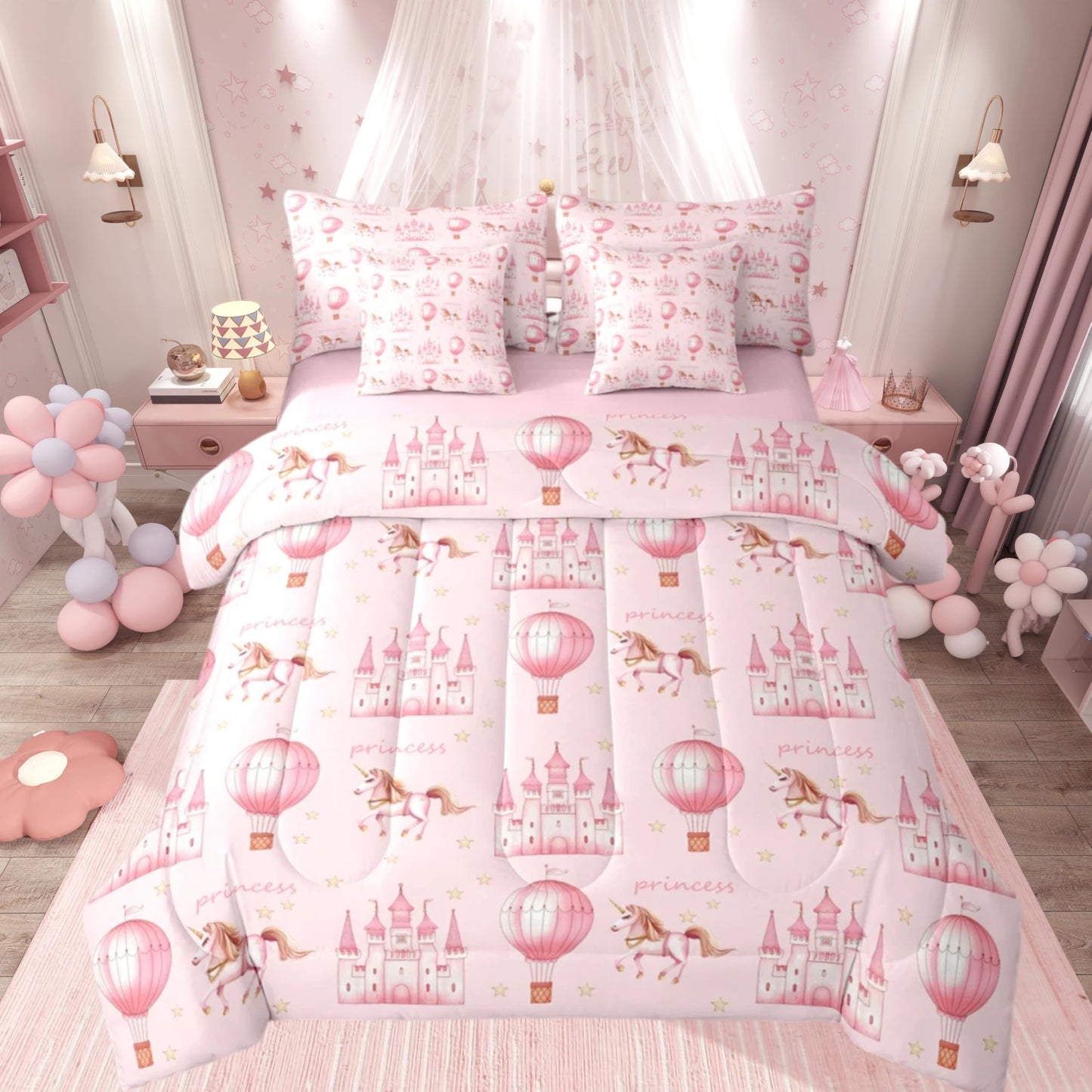Feelyou Castle Comforter Set Queen Size 7 Pieces Princess Style Bedding Set Cute Bed in a Bag with Comforter, Sheets, Pillowcases, Cushion Covers Girls Dreamy House Bedroom Decor Fairytale Quilted