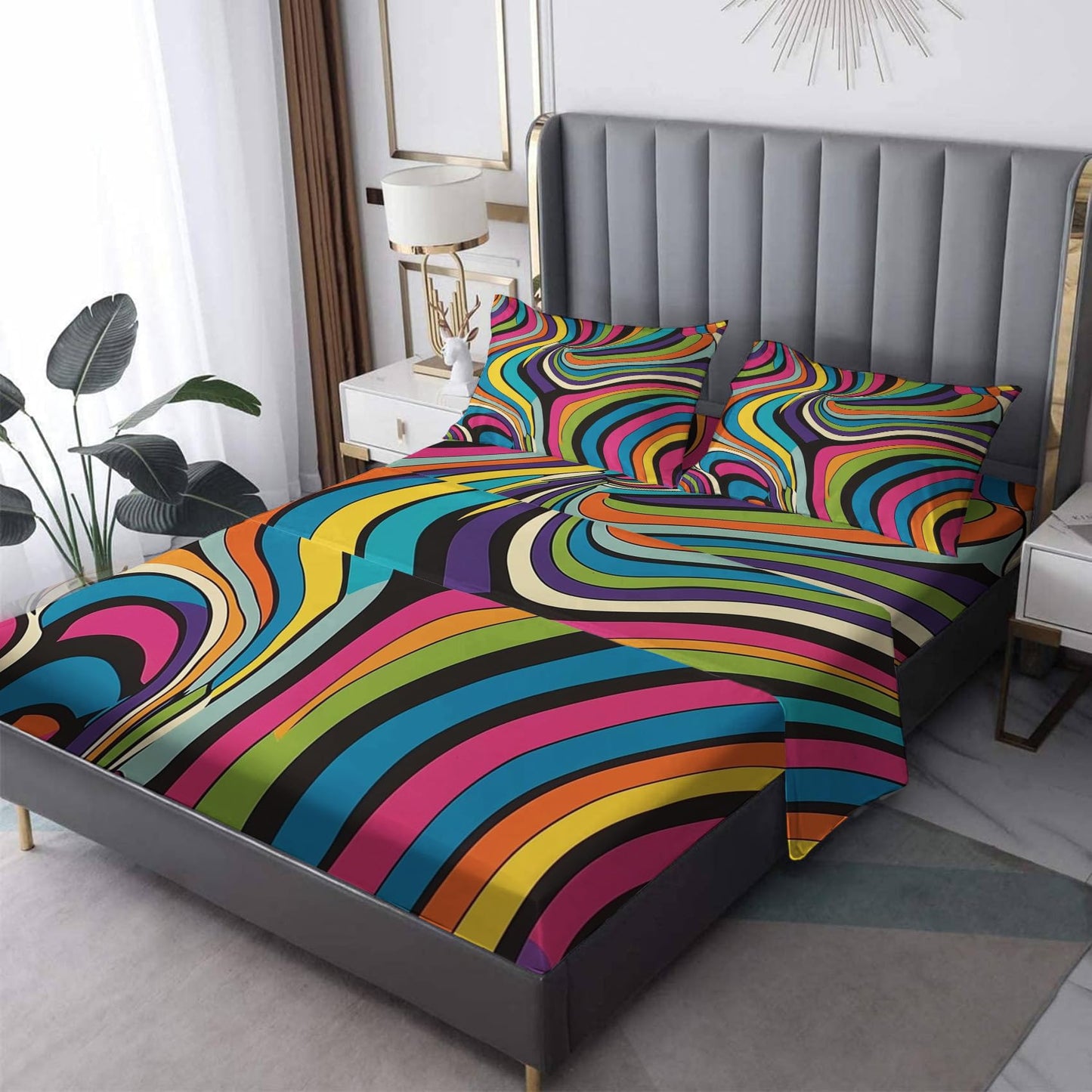 Psychedelic Abstract Sheets California King Size, Colorful Bed Sheets, Patterned Bedding Sheets & Pillowcases 4 Piece Set - Soft Microfiber Deep Pocket Fitted Sheet & Flat Sheet & 2 Pillow Cases