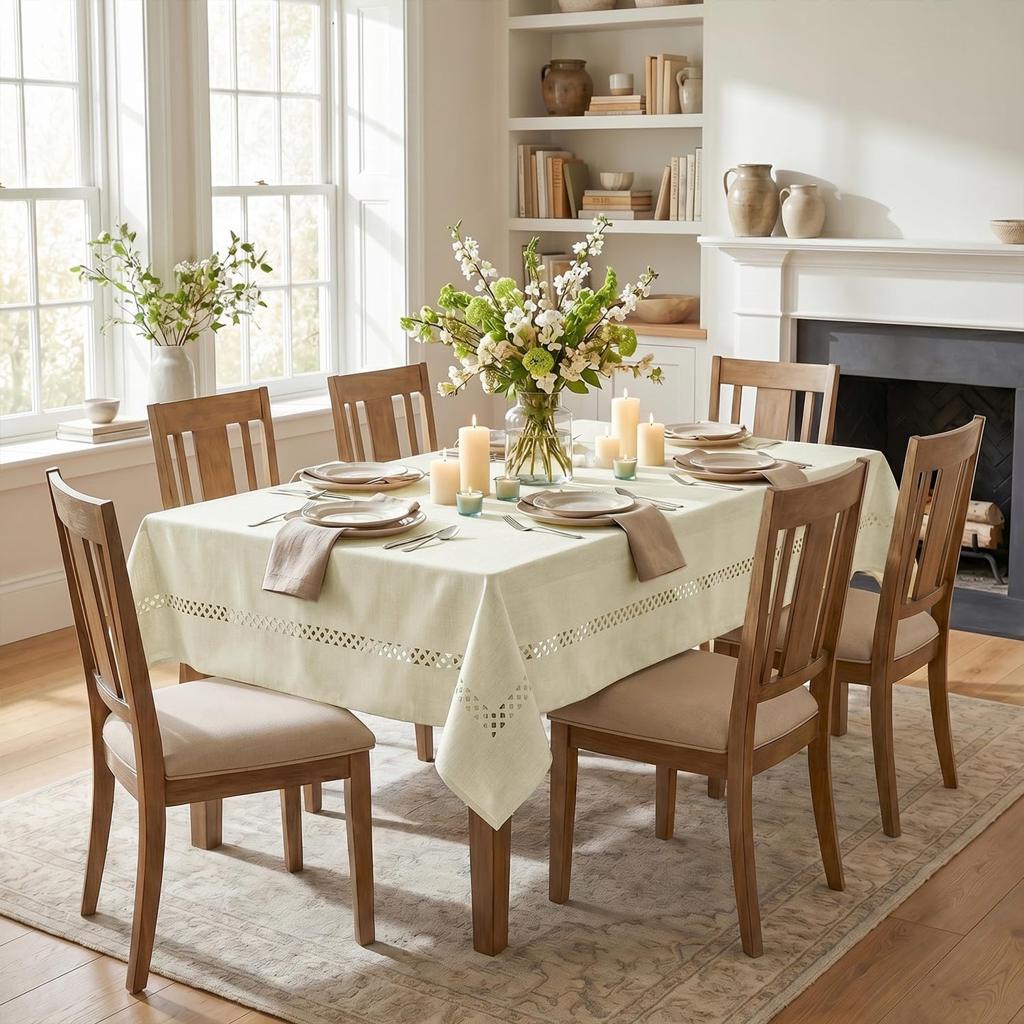 Horaldaily Beige Farmhouse Style Tablecloth with Decorative Cutouts, 60×84 Inch Rectangular Polyester Table Cloth, Wrinkle Resistant Washable Table Cover for Dining Wedding and Outdoor