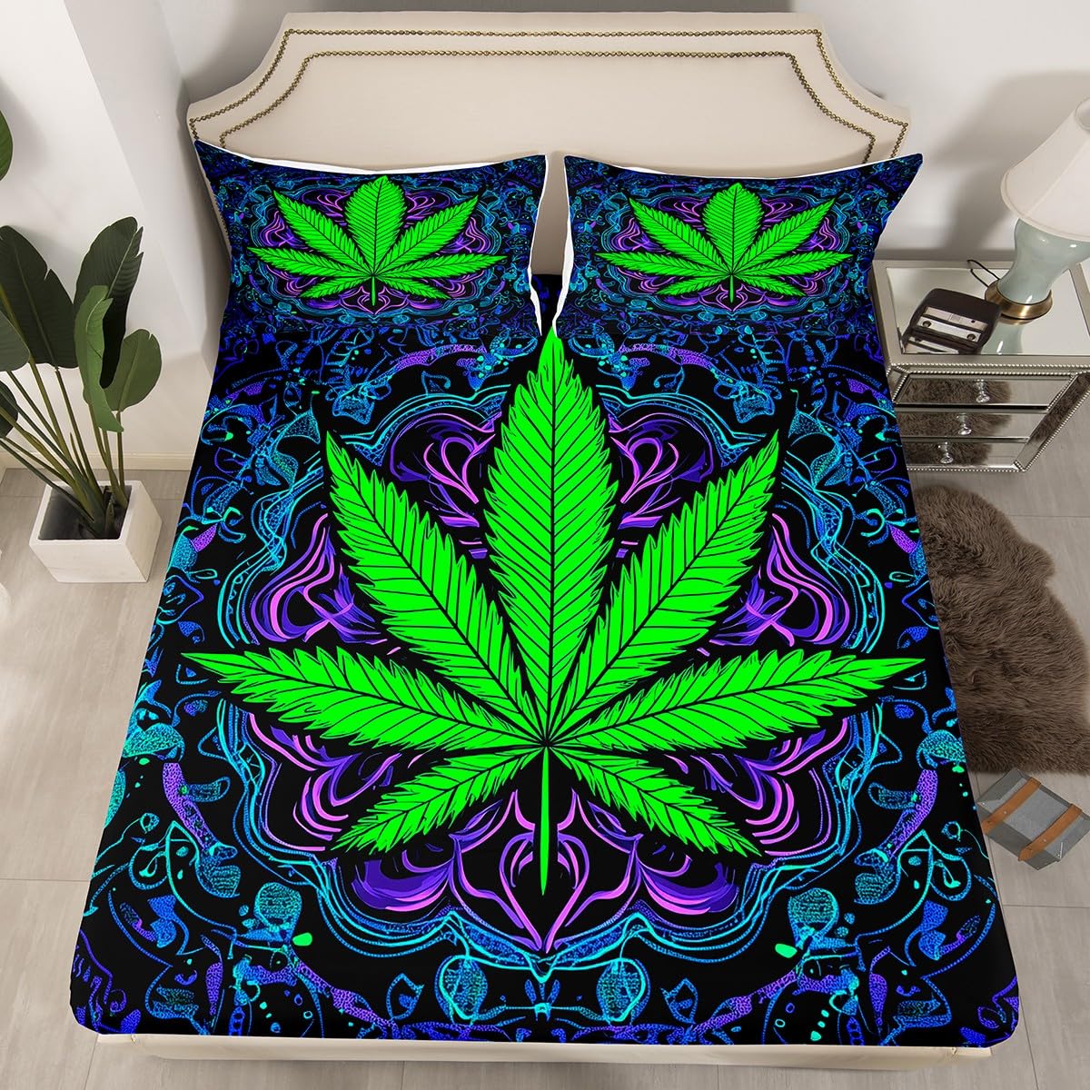 Erosebridal Bed Sheets Full Size Leaves Fitted Sheet Green Chic Top Sheet Purple Leaf Botanical Sheet Set Bohemian Style Plant Flat Sheet 4Pcs