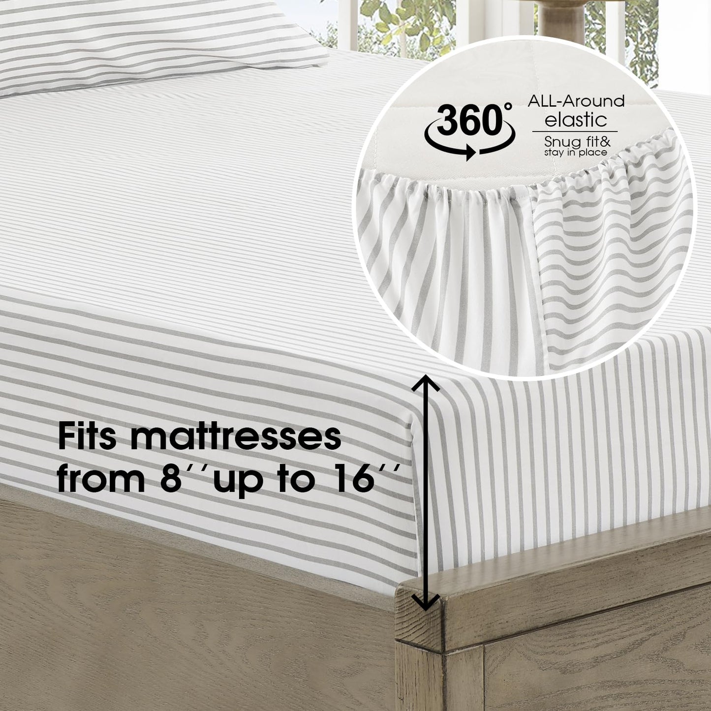 FreshCulture King Size Sheets Set - Ultra Soft Striped Microfiber Sheets - Deep Pockets up to 16" - Easy Care - Hotel Luxury 4 Piece Set, Stripe Grey
