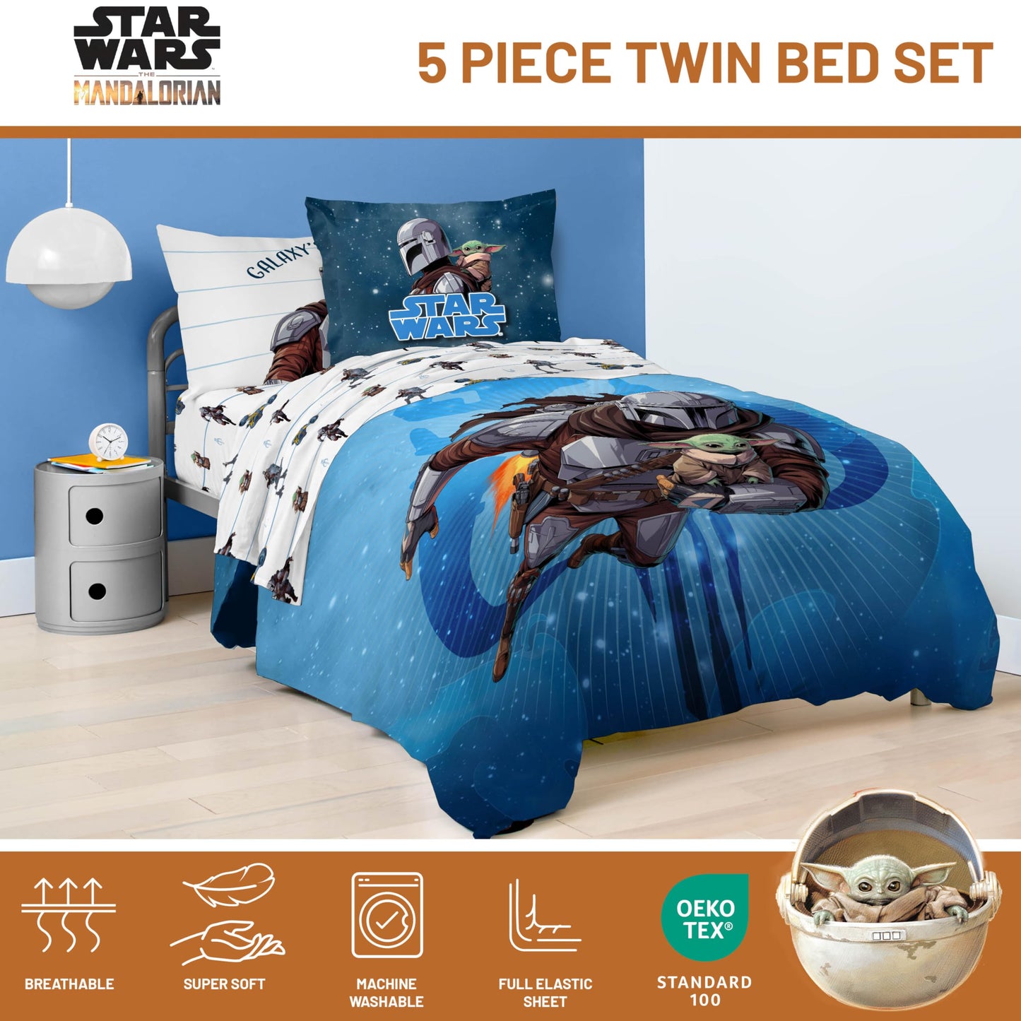 Jay Franco Kids Bed Set, Blue, The Mandalorian, 5 Piece Twin