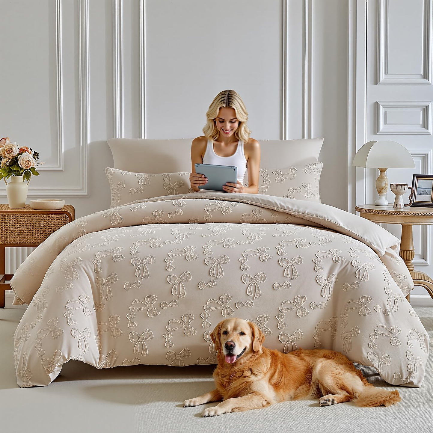 Jameswish 7 Pieces Bow Comforter Set for Girls Khaki Tufted Boho Bedding Set Queen Size Farmhouse Bed in A Bag as Gifts (1 Comforter, 1 Flat Sheet, 1 Fitted Sheet, 2 Pillowcase and 2 Pillow Sham)