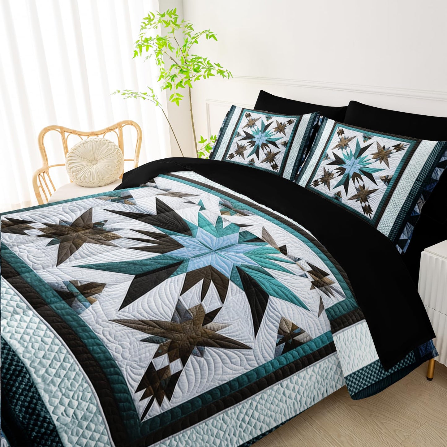QOOMO Boho 7 Pieces Comforter Set Twin Size,Bohemia Bedding Set for Kids Teens Girls-Include 1 Comforter,1 Fitted Sheet,1 Flat Sheet,2 Printing Pillowcases and 2 Black Pillowcases