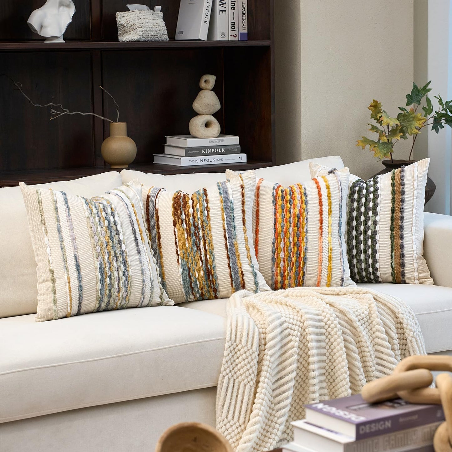 Aeckself Boho Pillow Covers 18x18 Inch Set of 2, Farmhouse Decorative Striped Square Chenille Tufted Accent Neutral Throw Pillow Covers for Living Room Couch Bed, Yellow Orange