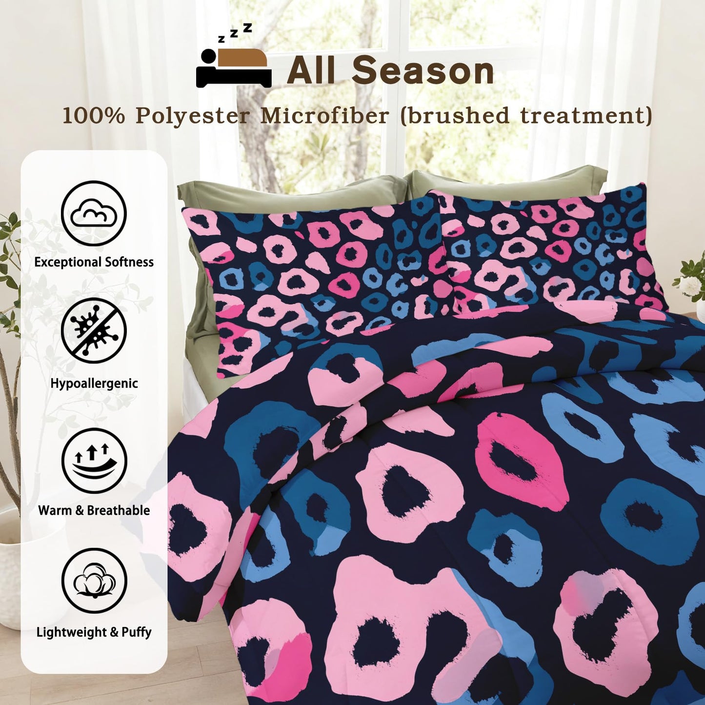 Leopard Print Comforter Set King Size 3Pc, Cheetah Printed Animal Pattern Down Alternative Bed Comforter, 2 Pillow Shams, Soft All Season Bedding, Leopard Print Bedroom Decor