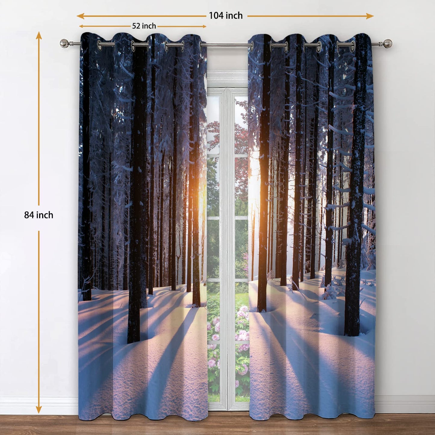 Jekeno Forest Woodland Blackout Curtains Winter Snowy Trees in The Cold Weather Sunset Landscape Nature Scenery Decor for Bedroom Living Room Grommet Window Drapes 2 Panel Set, 52"x84"