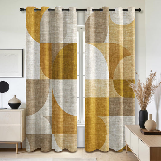 Solvivae Modern Mid Century Blackout Curtains 63 Inch Length, Abstract Geometric Mustard Curtains for Bedroom Living Room, Room Darkening Thermal Insulated Grommet Drapes, Patterned Window Treatments