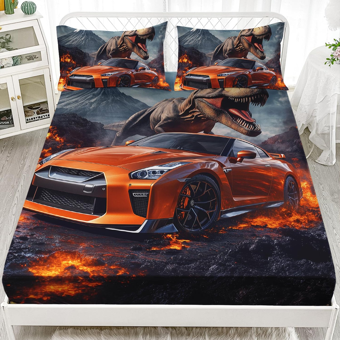 AILONEN Boys Racing Car & Dinosaur Bedding Set Twin Size,3-Piece Soft Kids Cool Dinosaur Speed Car Fitted Sheet with 2 Pillowcases
