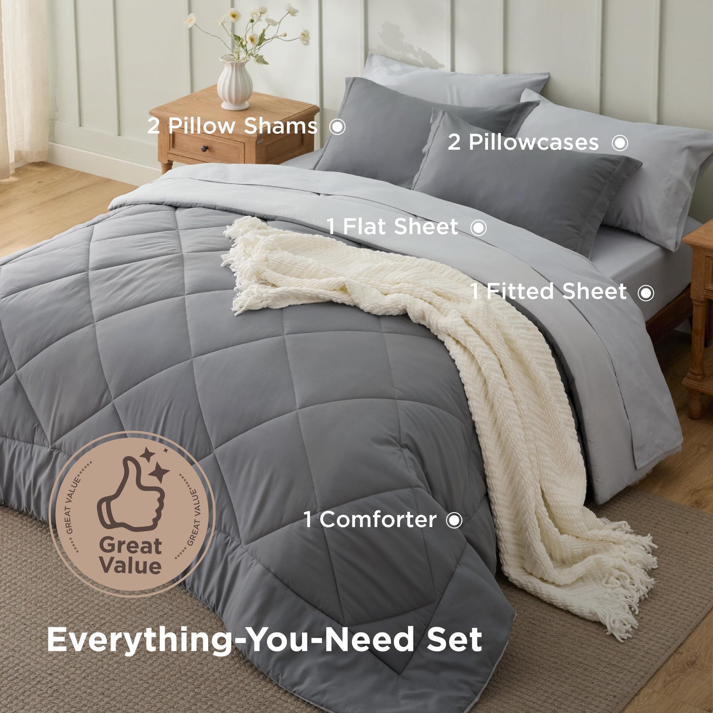 Bedsure Twin XL Comforter Set - 5 Pieces Reversible Grey Bed in a Bag, Twin XL Bedding Comforter Set College Dorm Essentials for Guys with 1 Flat Sheet, 1 Fitted Sheet, 1 Pillowcase and 1 Pillow Sham