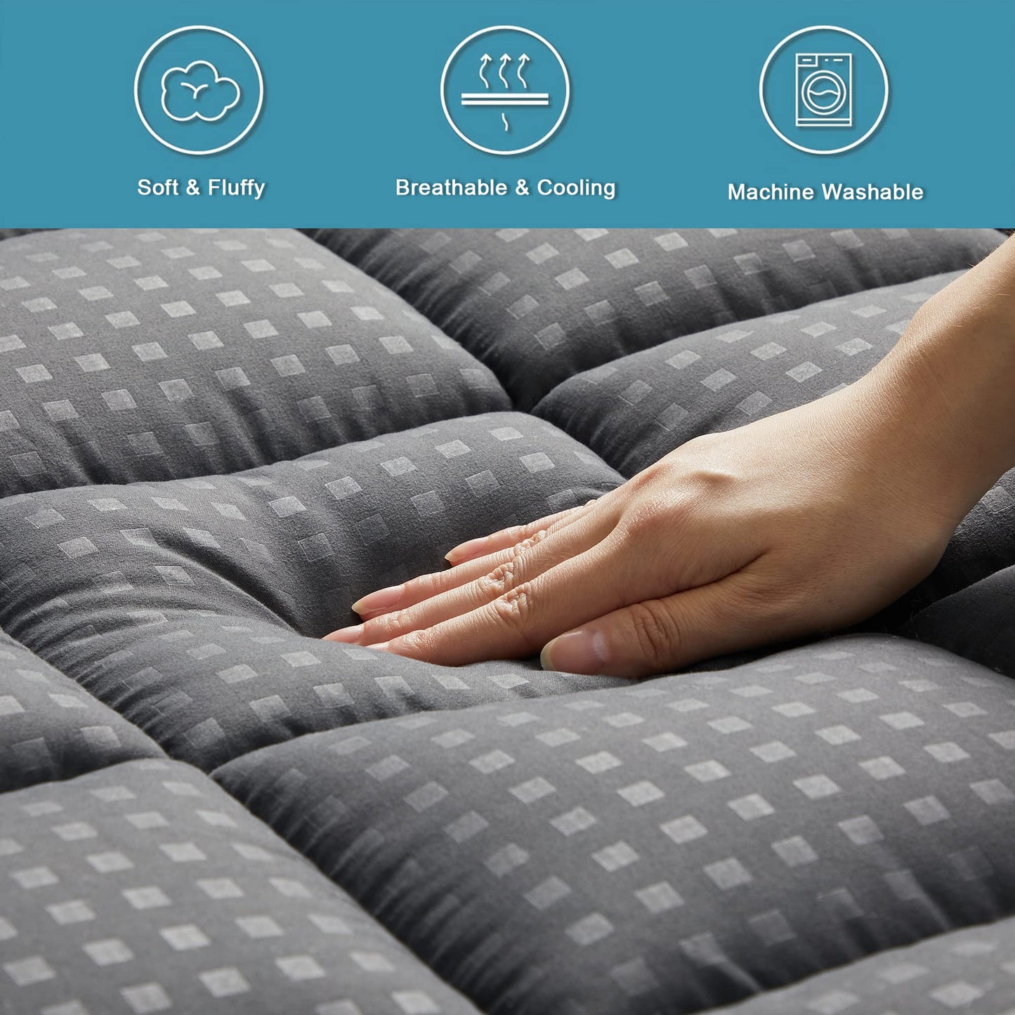 HYLEORY Queen Mattress Pad Quilted Fitted Mattress Protector Cooling Pillow Top Mattress Cover Breathable Fluffy Soft Mattress Topper with 8-21" Deep Pocket, Dark Grey