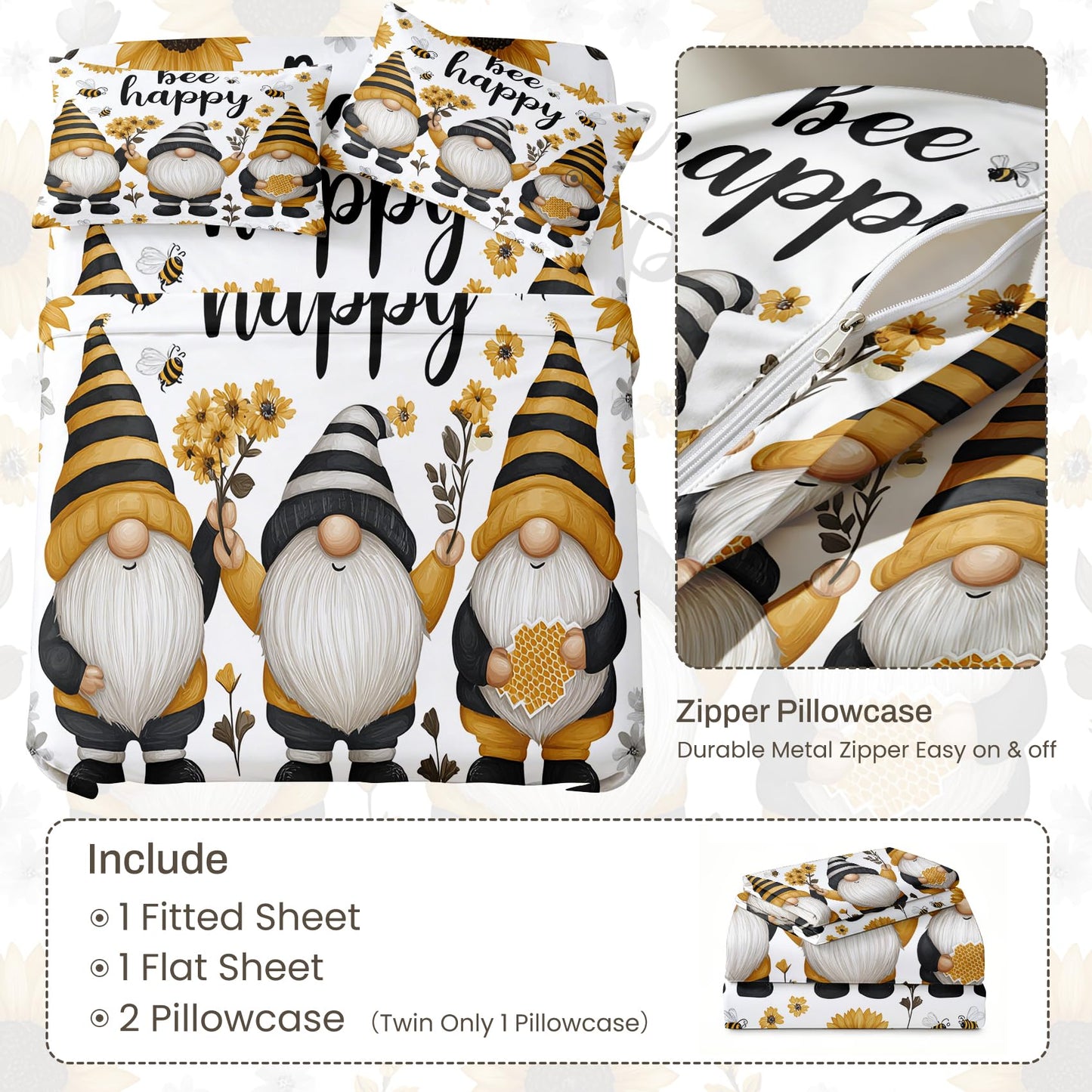 Gnome Bee Sheet Set, 3 Pcs Twin Size Kids Happy Bed Sheets, Yellow