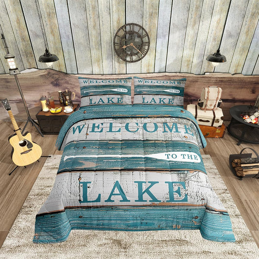 Lake House Comforter Set Queen Size, Rustic Cabin Farmhouse Style Bedding Set 3pcs, Blue Grey Wooden Plank Down Comforter for Women Adults Room Decor, Country Lake Life Luxury Bed Set for All Season