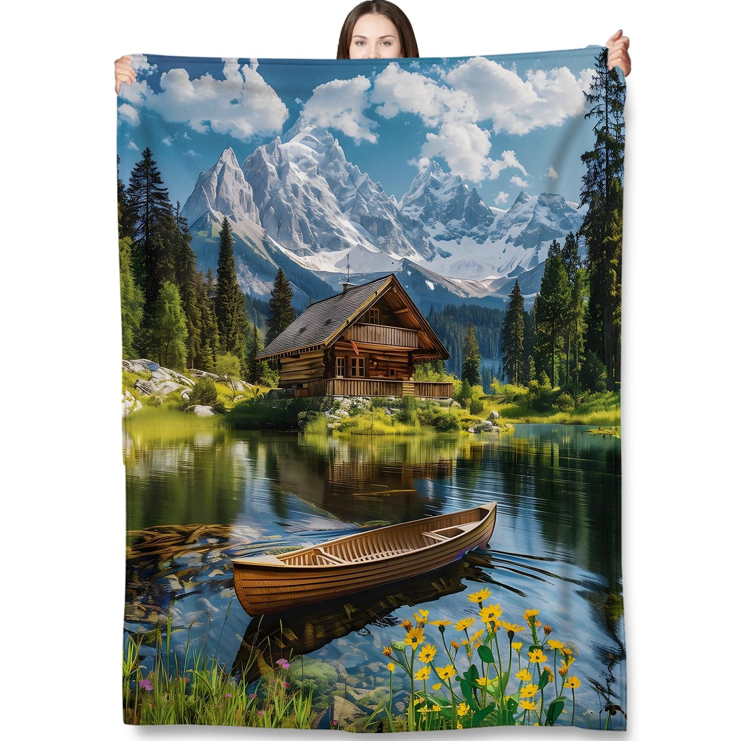 Turamurra Mountain Lake Cabin Throw Blanket Gifts for Kids Women, Scenic Alpine Cabin Canoe Nature Landscape Blankets for Home, Living Room, Bedroom Decor, Flannel Plush 50"x60"