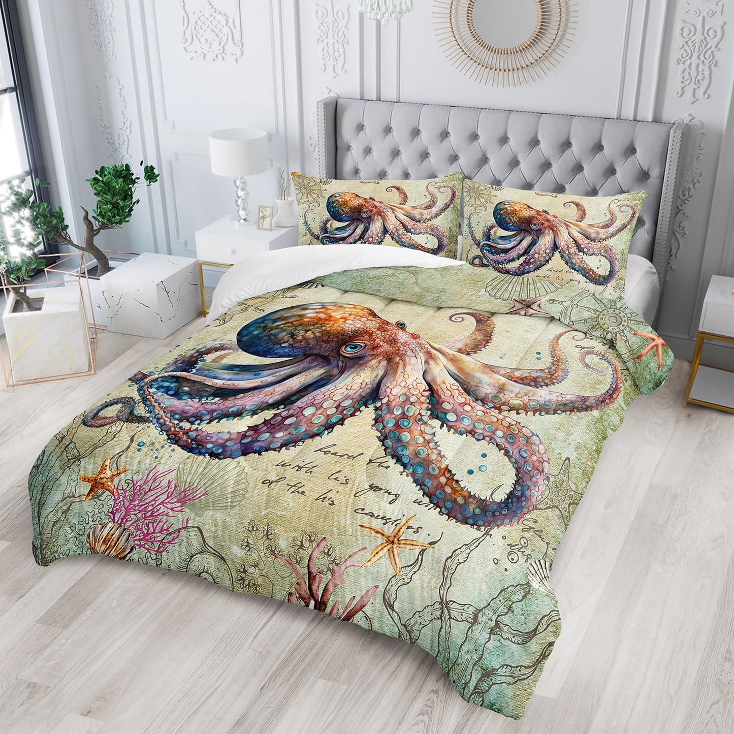 XYNHML Retro Octopus Comforter Set Twin Size 3Pcs Nautical Coastal Compass Bedding Set Starfish Jellyfish Seaweed Quilt Bed Set for Boys Girls with 1 Comforter and 2 Pillowcases