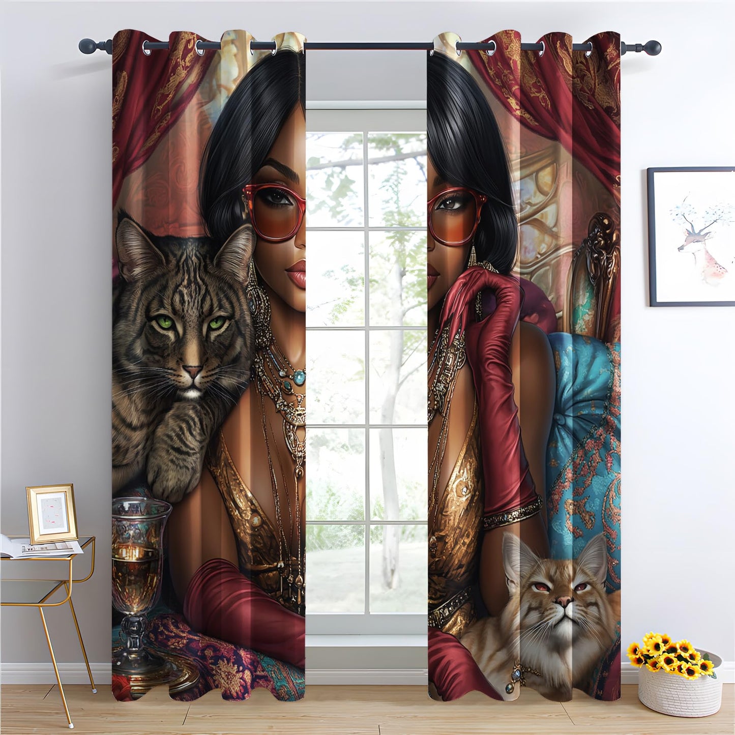 Phtbz African American Woman Blackout Curtains 45 Inch Length 2 Panels Set, Fashion Diva and Cat Patterned Curtains for Bedroom, Living Room Decor, Room Darkening Thermal Insulated Grommet Drapes