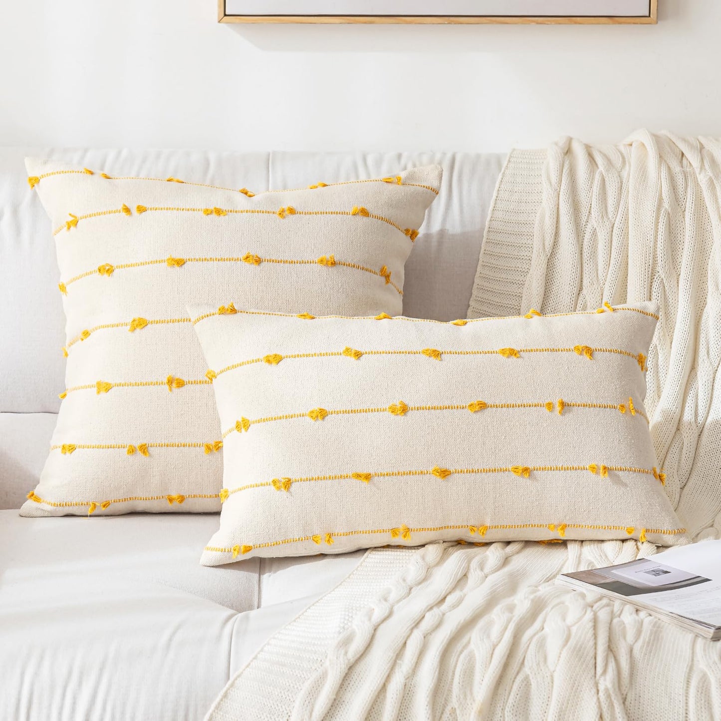 YEENAASY Boho Throw Pillow Covers 12x20 Set of 2 Modern Farmhouse Decorative Cushion Case Tufted Linen Square Pillows Cover Neutral Pillow Cases Accent Pillowcase for Sofa,Couch,Bed,Beige and Yellow