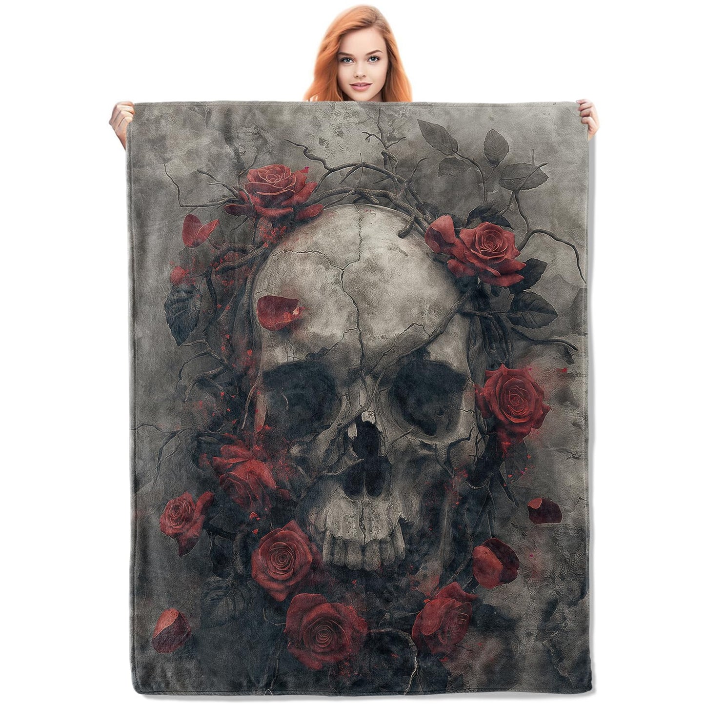 VANZEV Skull Rose Blanket, Horror Skulls Flannel Throw Blankets,Soft Warm Lightweight Cozy Plush Skull Throws for Bedroom Sofa Office Home Decor for Adults Men 60"x50"