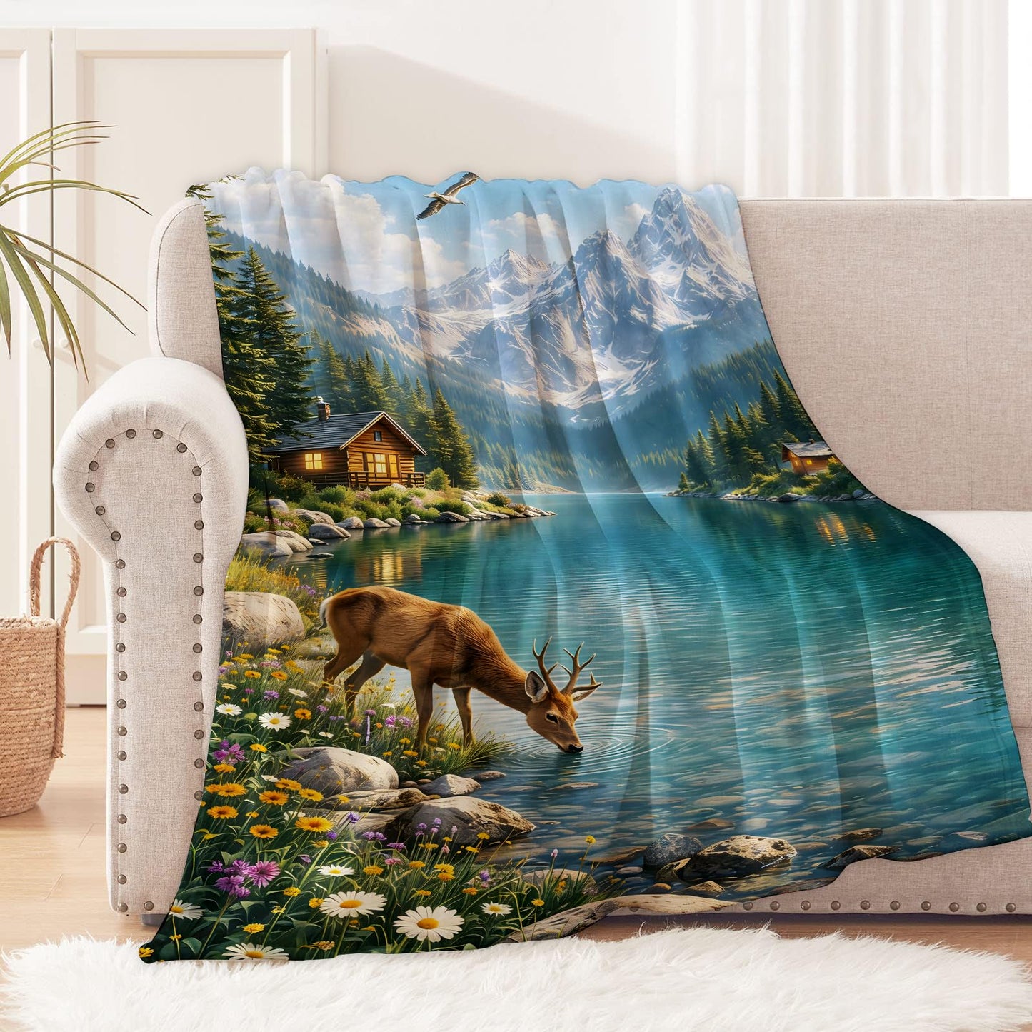 cromcu Mountain Lake Deer Throw Blanket for Nature and Cabin Lovers, Wildlife Landscape Flannel Throws Blankets, Scenic Rustic Gifts, Soft Warm Cozy for Sofa Couch Bed Home Decor 60" x 50"