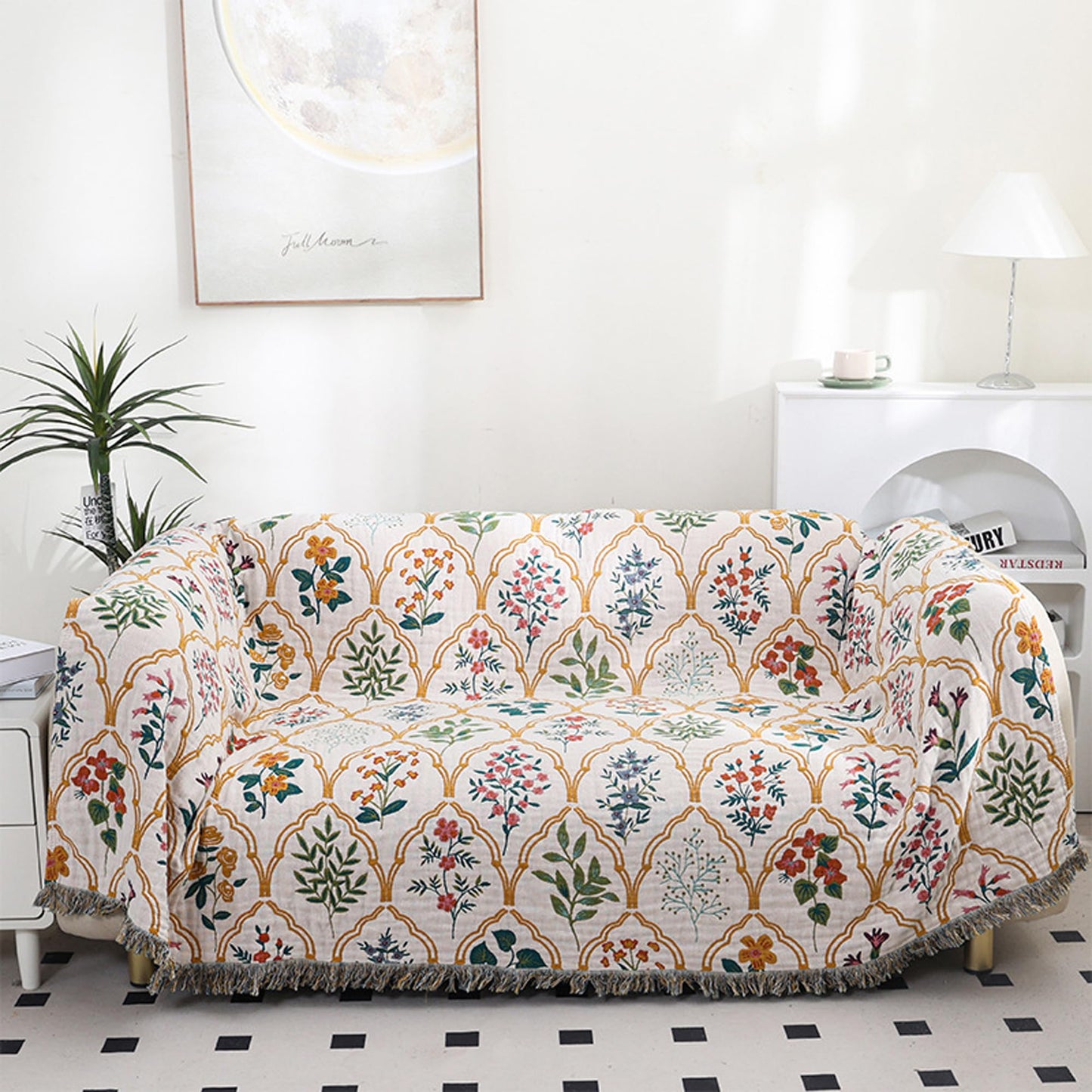 BRYALIX 100% Cotton Muslin Boho Floral and Plants Blanket, Super Soft Decorative Throw for Couch, Bed Chair Quilt Travel Blankets, Reversible Jacquard Coverlet, Lightweight Farmhouse Picnic, 60"x80"