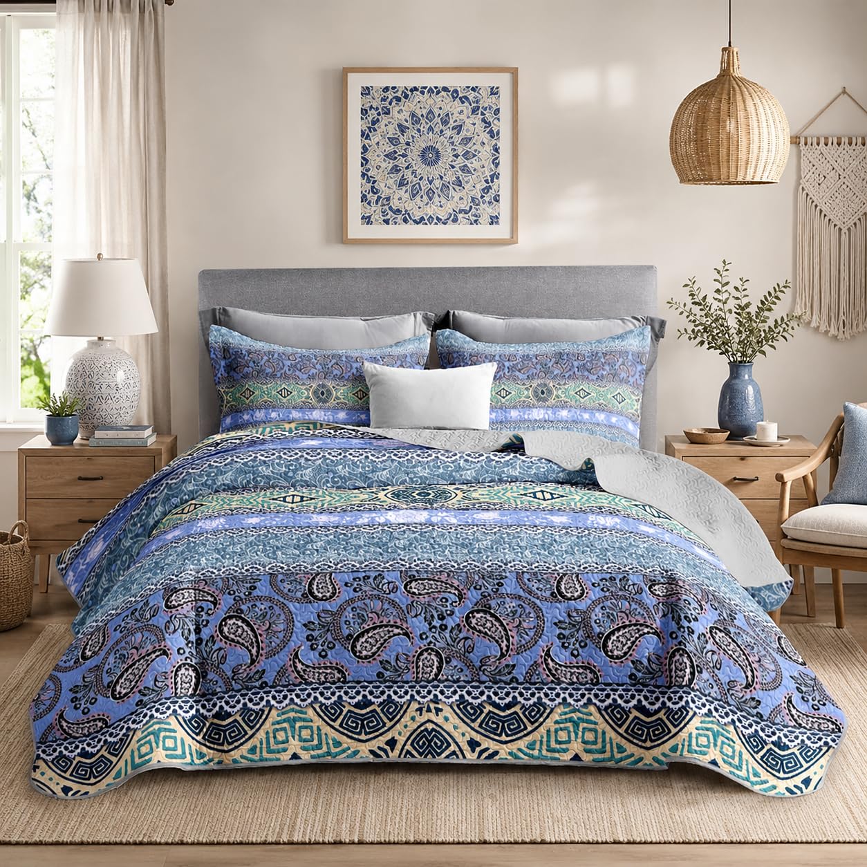 UEVBF Blue Bohemian Quilt Set Queen Size,Boho Striped Printed Bedding Bedding Set for Summer,Retro Soft Lightweight Microfiber Quilt with 2 Pillowcases.