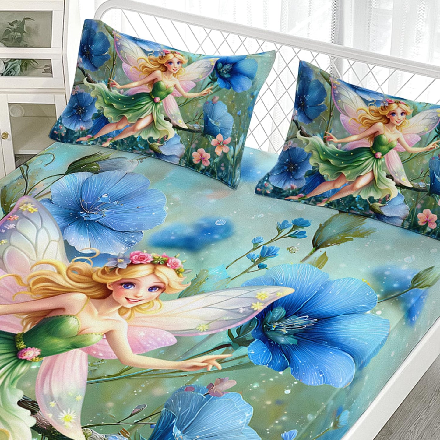 AILONEN Floral Fairy Twin XL Sheet Set,Pretty Green Butterfly Fairy Bedding Set for Girls Kids,Blue Flower Bed Sheets Set for All Season,3-Piece,1 Deep Pocket + 2 Pillowcase,Soft Microfiber