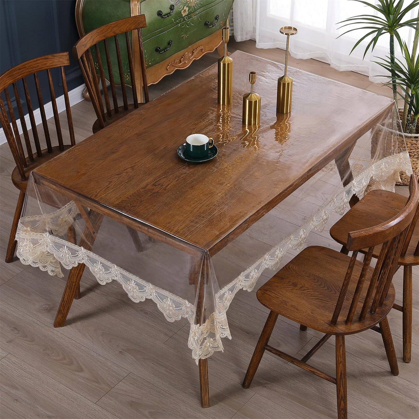 Rakila Clear Plastic Rectangle Tablecloth Vinyl Waterproof Table Cloth Embroidered Lace Edge Transparent Table Cover for Dining Kitchen Outdoor(60 x 98 inch, Coffee Style 2)