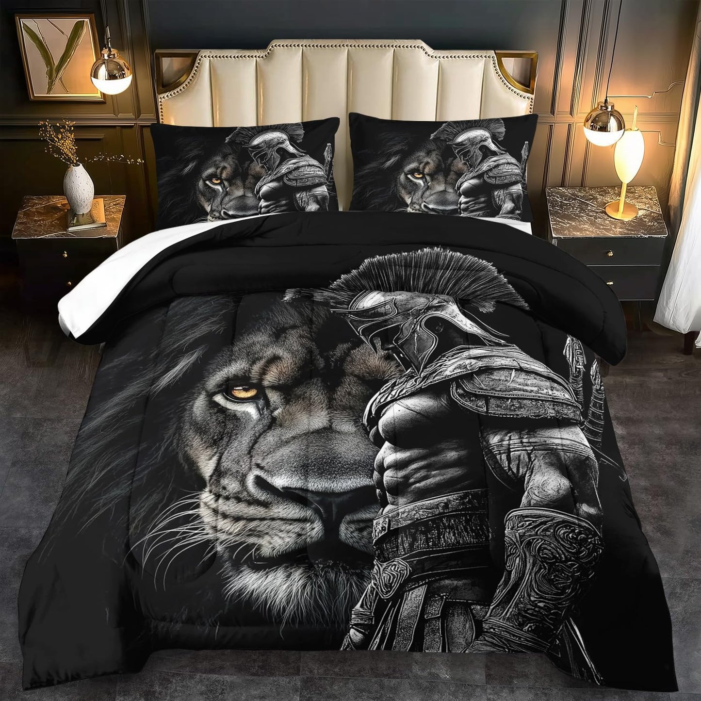 llyxsesty Black Lion Comforter Set Queen Boys Medieval Knight Bedding Set for Teens Animal Comforter Queen Man Quilt Lion Bedroom Decor Medieval Bedding Tiger Bed Decor