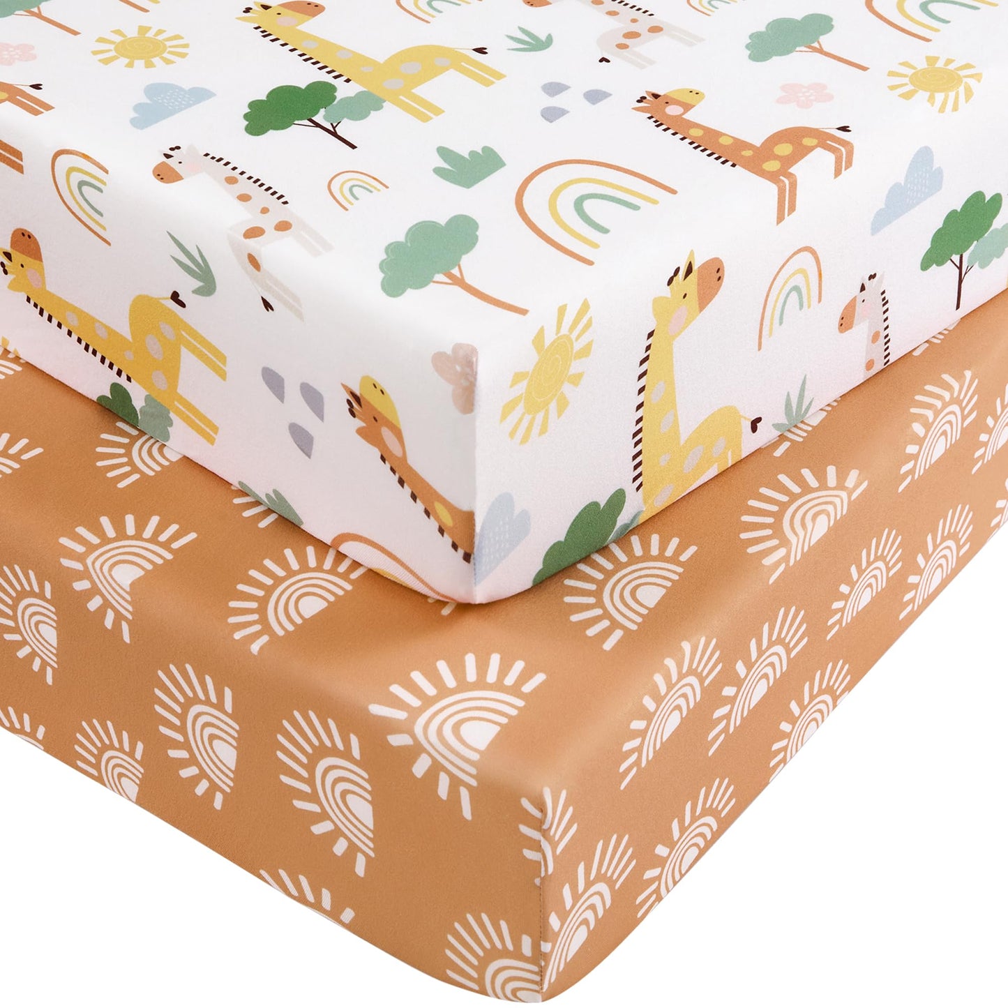 Nyessmee Pack and Play Sheets for Boys Girls, 38" x 26" Mini Crib Sheets Fitted for Pack n Play Mattress, Soft Breathable Playard Sheets, 2-Pack Khaki Giraffe