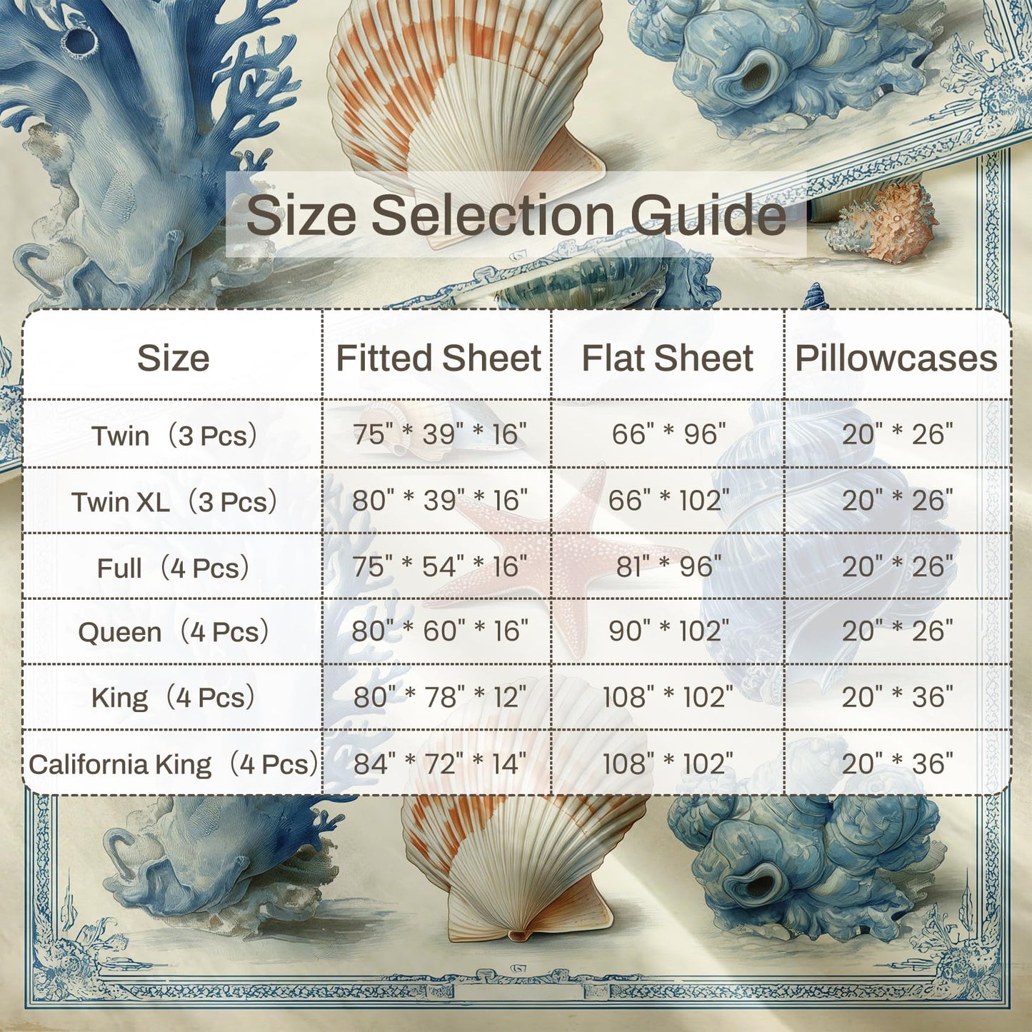 Seashell Bedding Set 4 Pcs Blue and White Coastal Queen Sheets