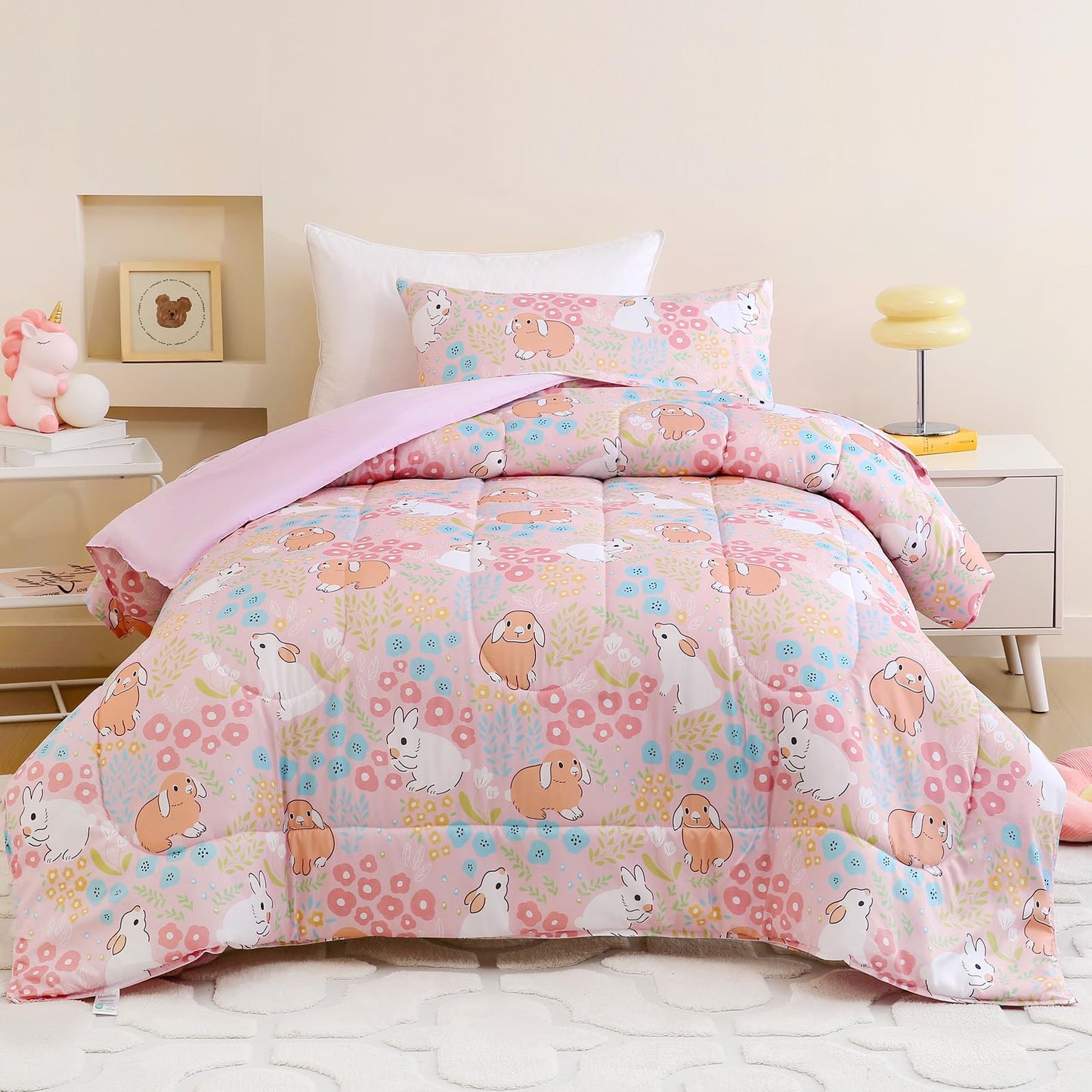 Homilay Toddler Size Light Pink Comforter Set for Kids, Toddler, Boys&Girls, 4 Pieces Bed-in-a-Bag Bedding Set, All Season Ultra Soft Oeko TEX Sheets Set with Comforter, (Cute Rabbit)