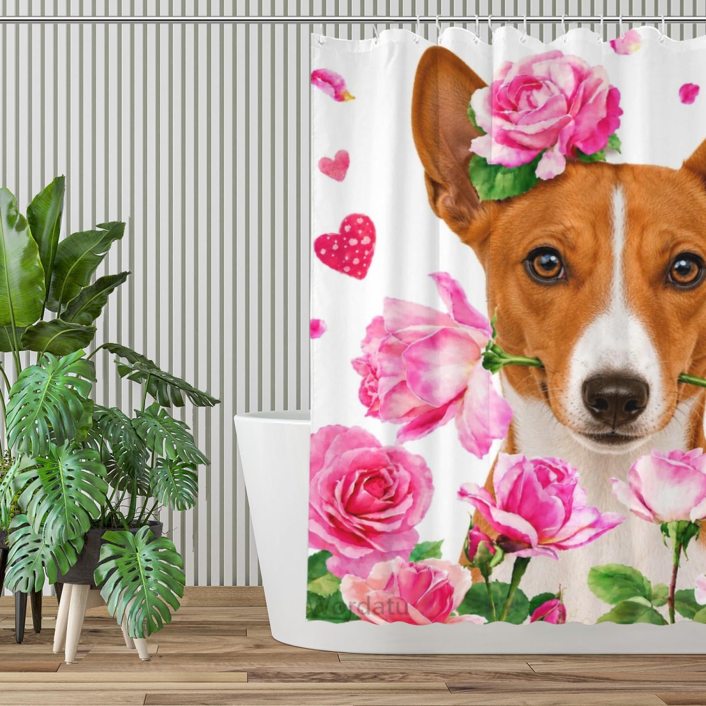 Wordatu Spring Summer Basenji Rose Shower Curtain, Bathroom Decor Fabric Polyester Waterproof 12 Hooks 72Wx72H Inch for Bathtub and Bathroom