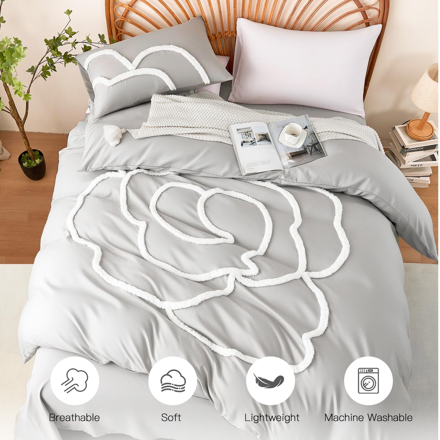 Ubo&Heng'er Duvet Cover Queen Size, 3 Pieces Duvet Covers Set, Boho Tufted Comforter Sets with Zipper Closure, Soft Breathable Floral Bedding Set for All Seasons(Grey, Queen, 90"x90")
