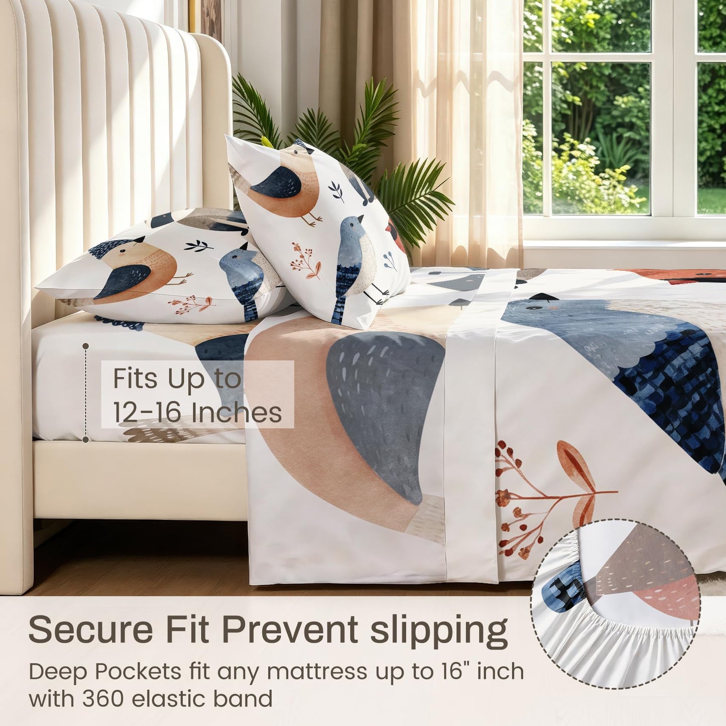 Bird Bedding Set 4 Pcs Raccoon King Sheets, Red Blue White