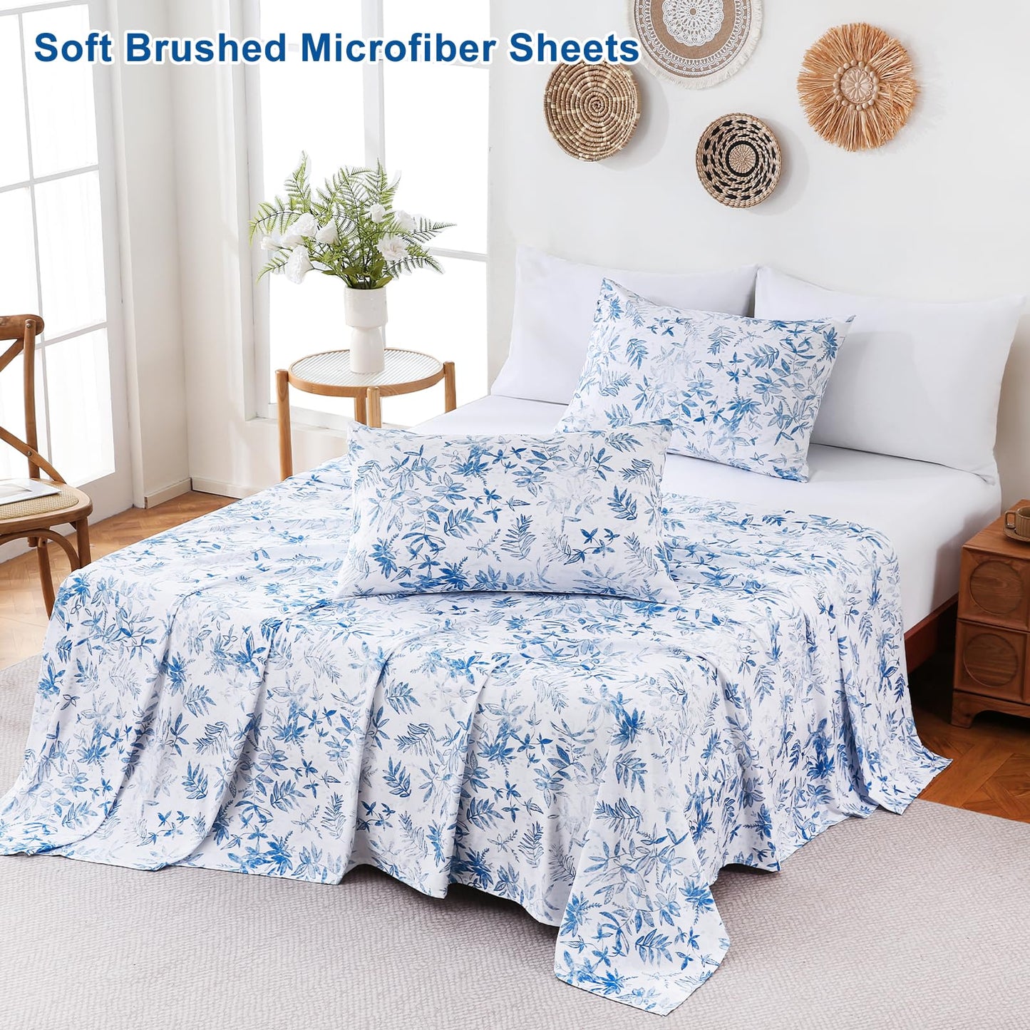 Swiftify Botanical Queen Bed Sheets Set 6-Piece, Boho Floral Brushed Microfiber Sheets, Cooling Bed Sheet Set, Soft & Breathable, 16' Deep Pocket Fitted Sheet & Pillowcase Set, Blue Fern Whisper