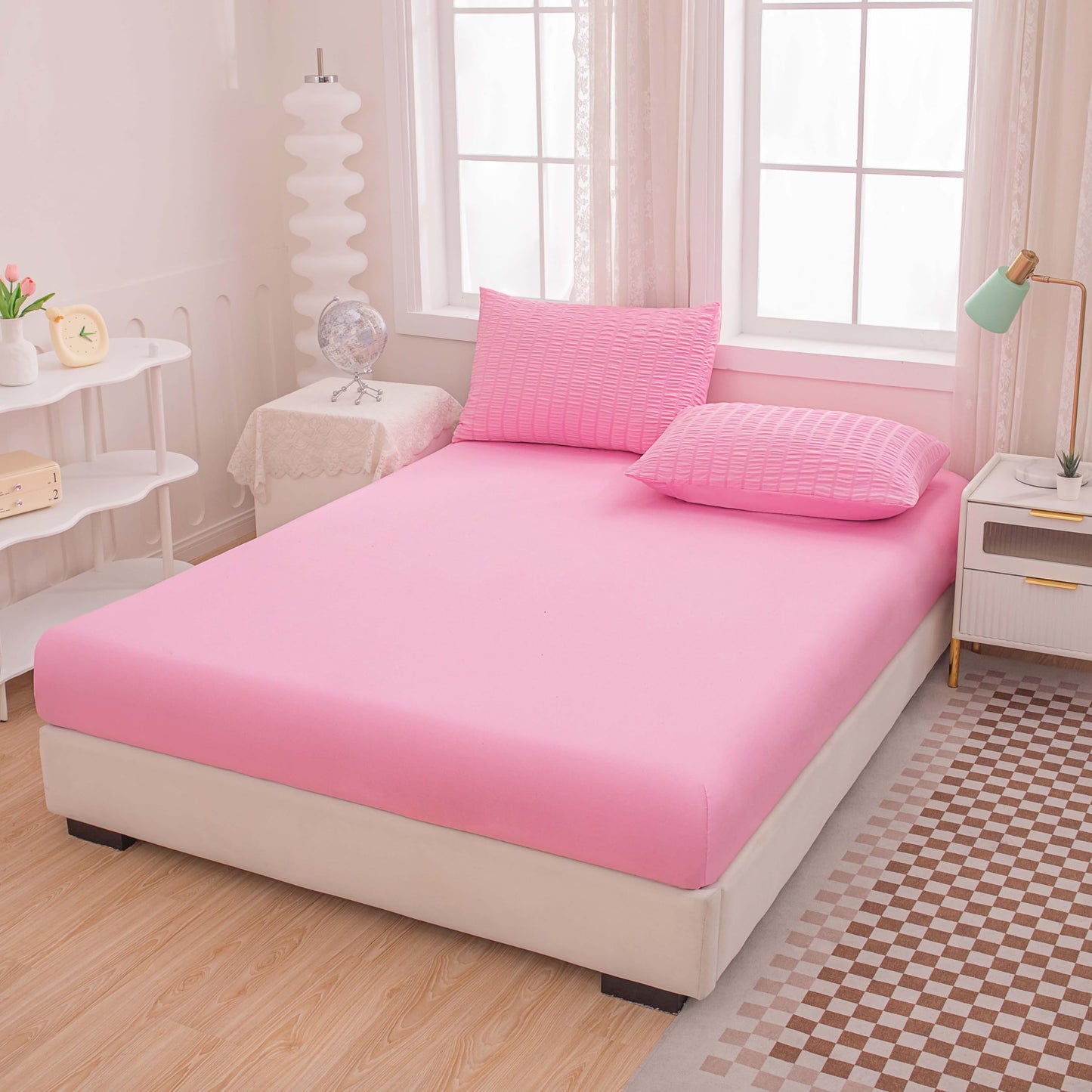Yadangxiawa Twin Bed in a Bag Pink Seersucker Comforter Set 5-Pieces Microfiber Lightweight Comforter All Season Bedding Sets with Comforter,Flat Sheet,Fitted Sheet and Pillowcases