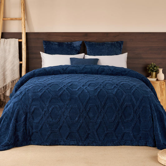 PHF Fluffy Sherpa Fleece Blanket Queen Size for Winter, Warm and Cozy, 510GSM 3D Tufted Shaggy Fleece Blanket for Sofa Bed, Navy Blue, 90"x90"