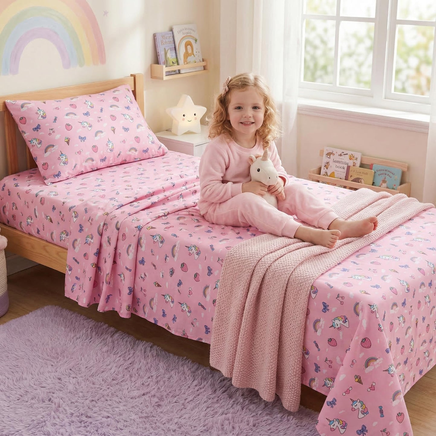 YIYEA 100% Cotton Kids Sheets, Ultra Soft Cozy Cute Bed Sheets Set for Girls, Boys, Teens, 16" Deep Pocket, 3PC, Twin