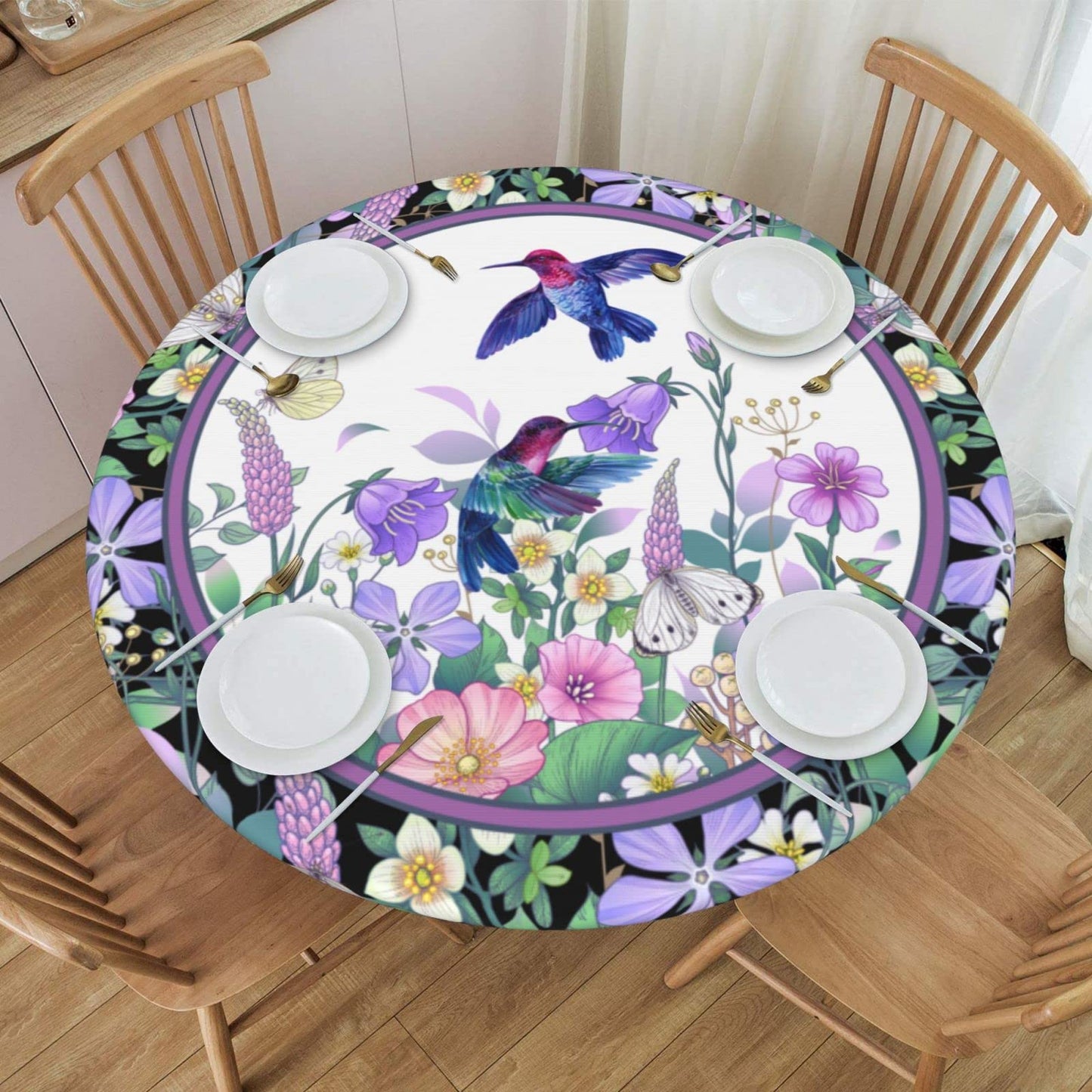 Hummingbird Flower Tablecloths Elastic Fitted Tablecloth Round Table Cover for Dining Party Indoor Outdoor 45-50 inch