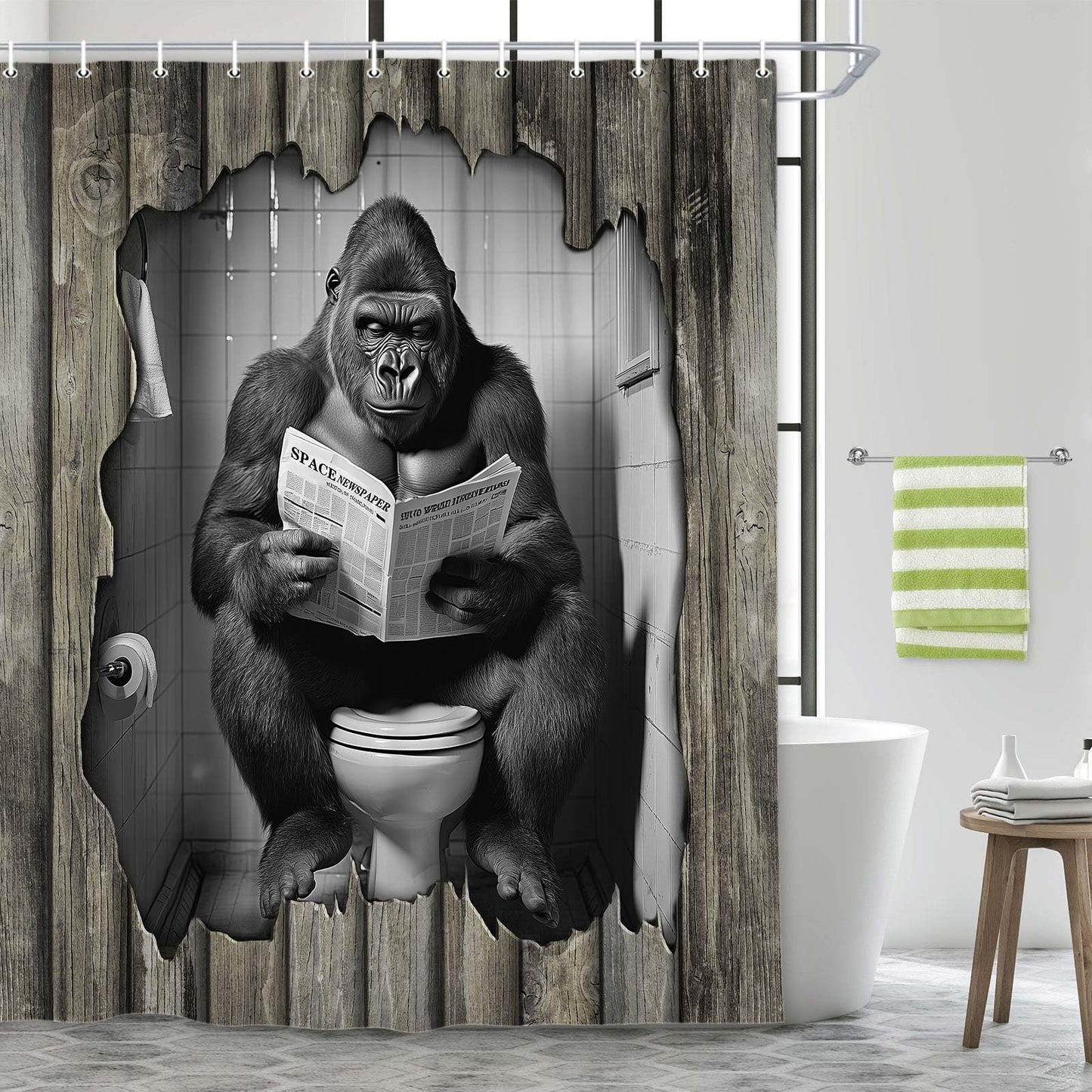 Funny Shower Curtain,Gorilla Sitting on Toilet Reading Newspaper - Rustic Animal Print Bath Curtain Waterproof Shower Curtains for Men, Wooden Teen Boys Humorous Bathroom Decor (12 Hooks Included)