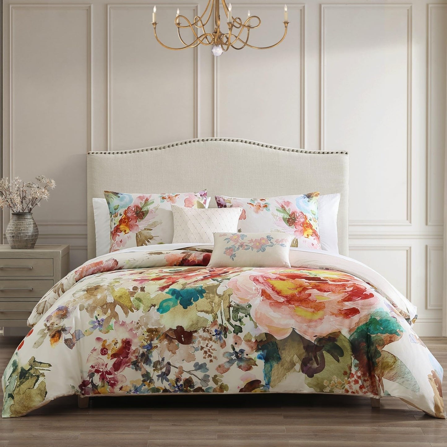 Bebejan Antique Flowers 5 Piece Comforter Set, 100% Cotton Sateen, 200 Thread Count, Ivory Floral Reversible Bedding Comforter Set, 1 Comforter, 2 Shams & 2 Pillows (King/Cal King)